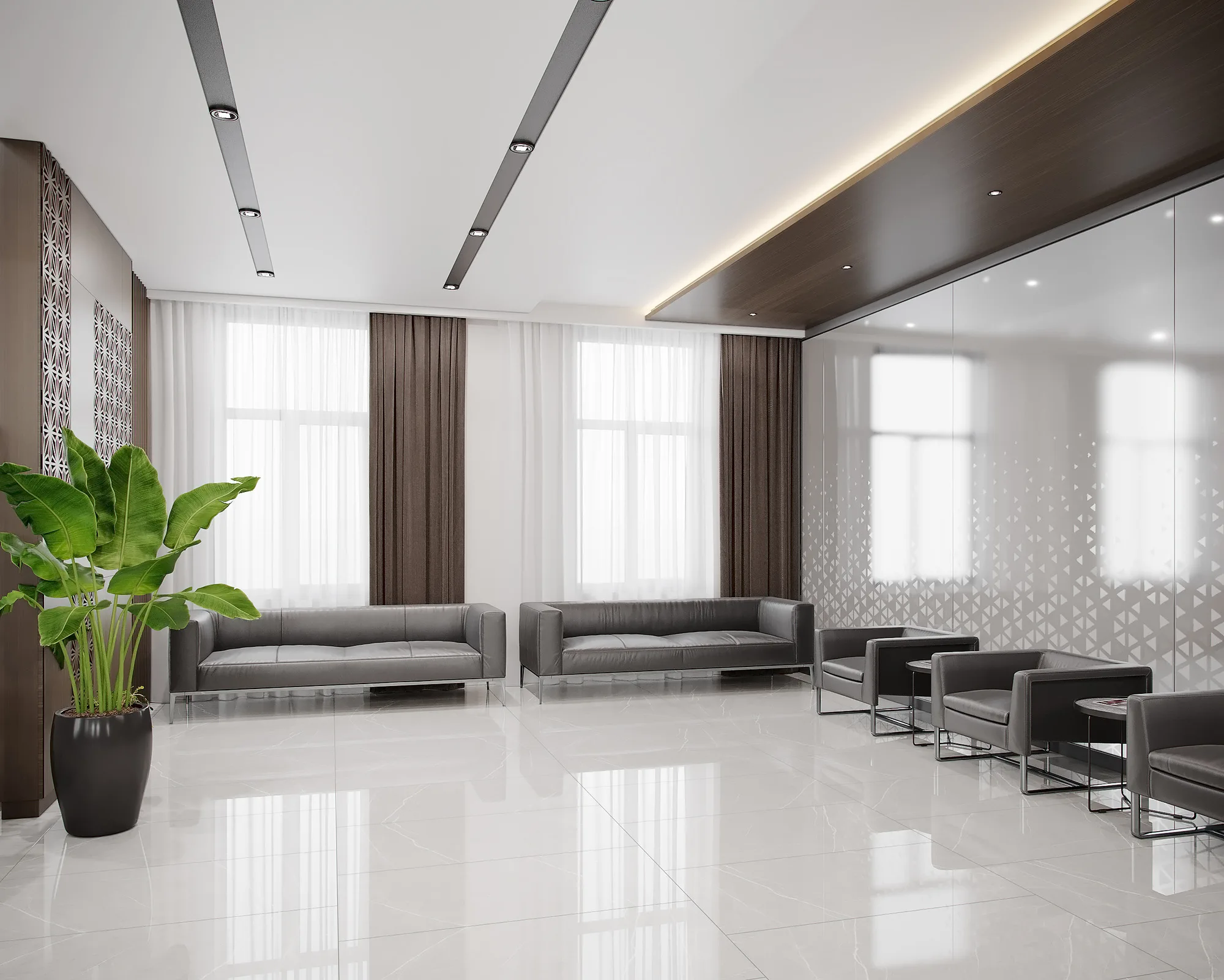 Second-floor client hall of the Trast Bank branch in Samarkand: sofas, tall windows and large plants — SAD studio