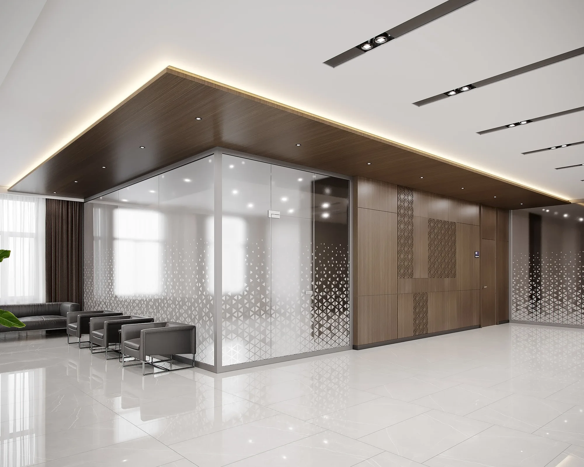 Waiting area of the Trast Bank branch in Samarkand: a lit dropped ceiling, armchairs and a perforated panel — SAD studio
