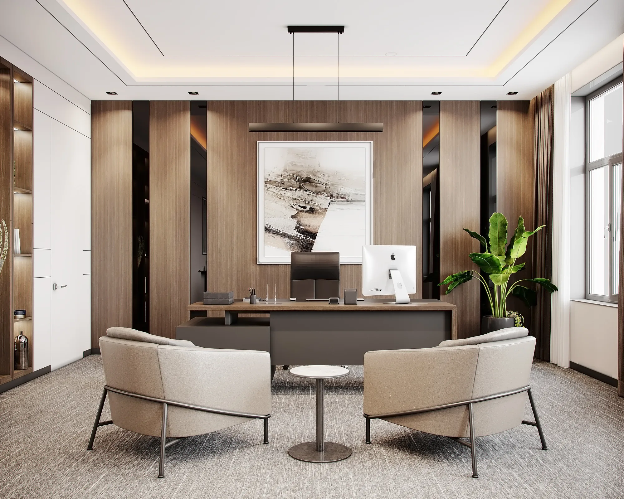 Branch manager office at Trast Bank in Samarkand: the desk, meeting armchairs and timber panelling behind — SAD studio