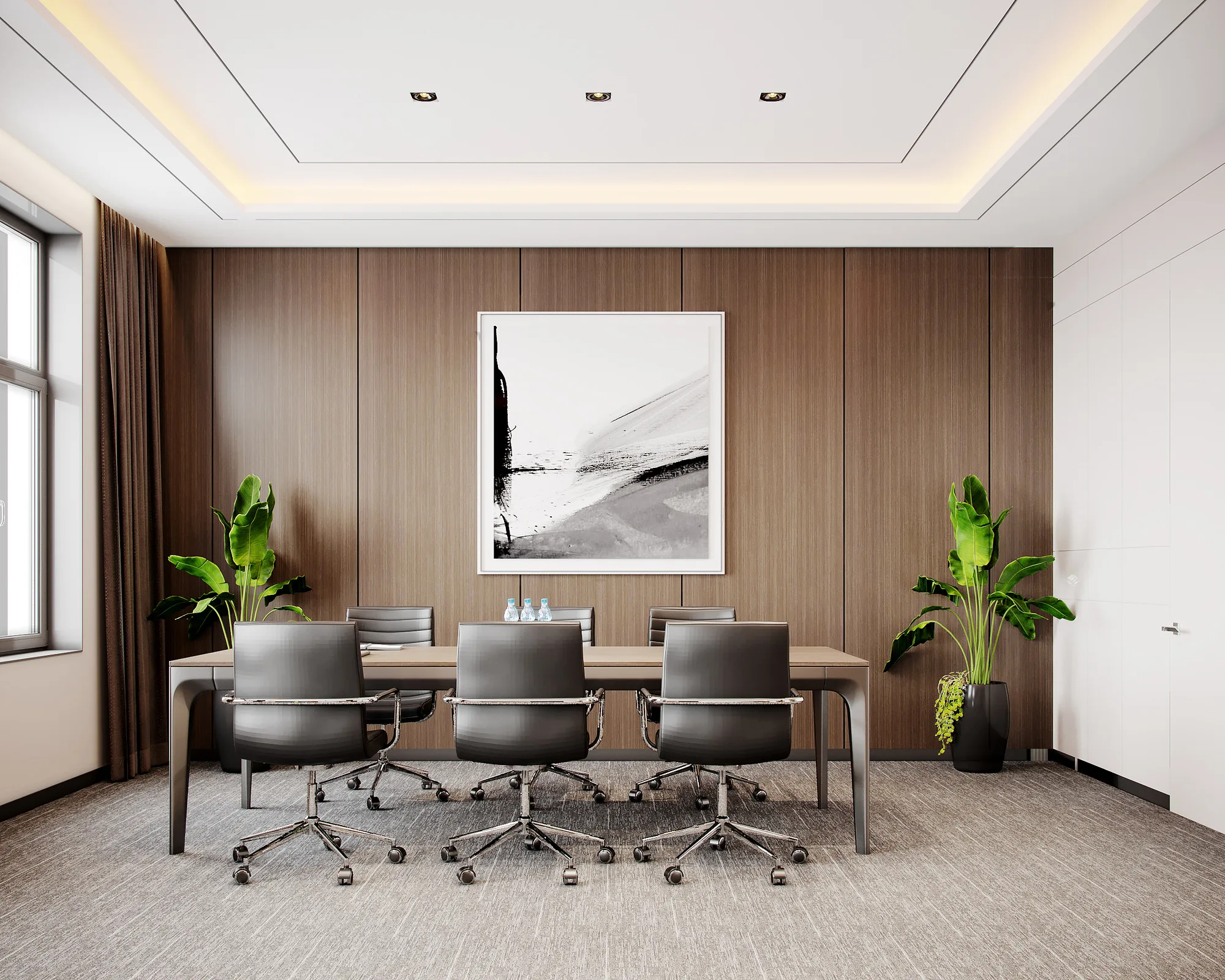 Meeting room of the Trast Bank branch in Samarkand: a six-seat table, a timber wall with artwork and plants by the windows — SAD studio
