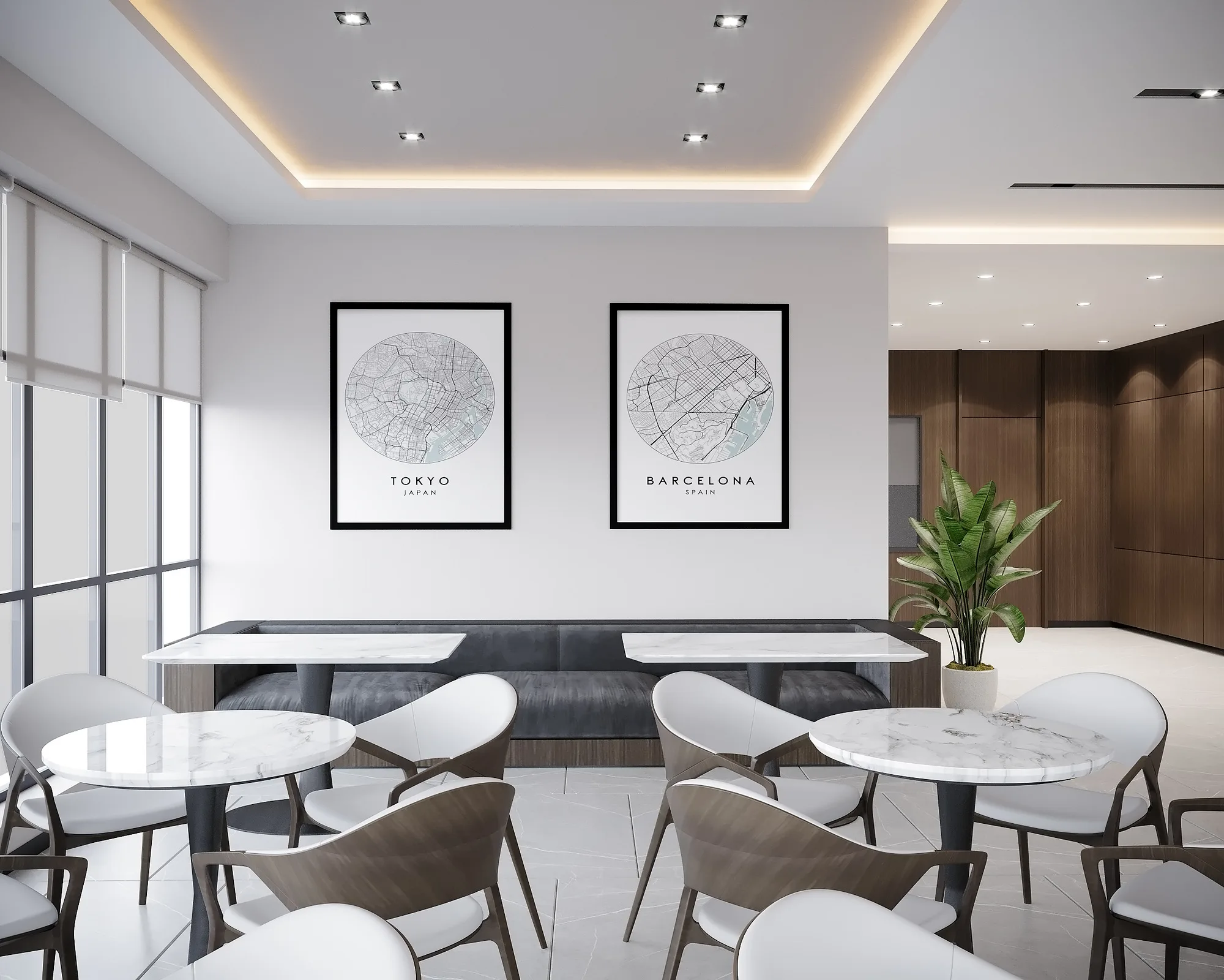 Staff cafeteria at the Trast Bank branch in Samarkand: round marble tables, woven chairs and full-height windows — SAD studio