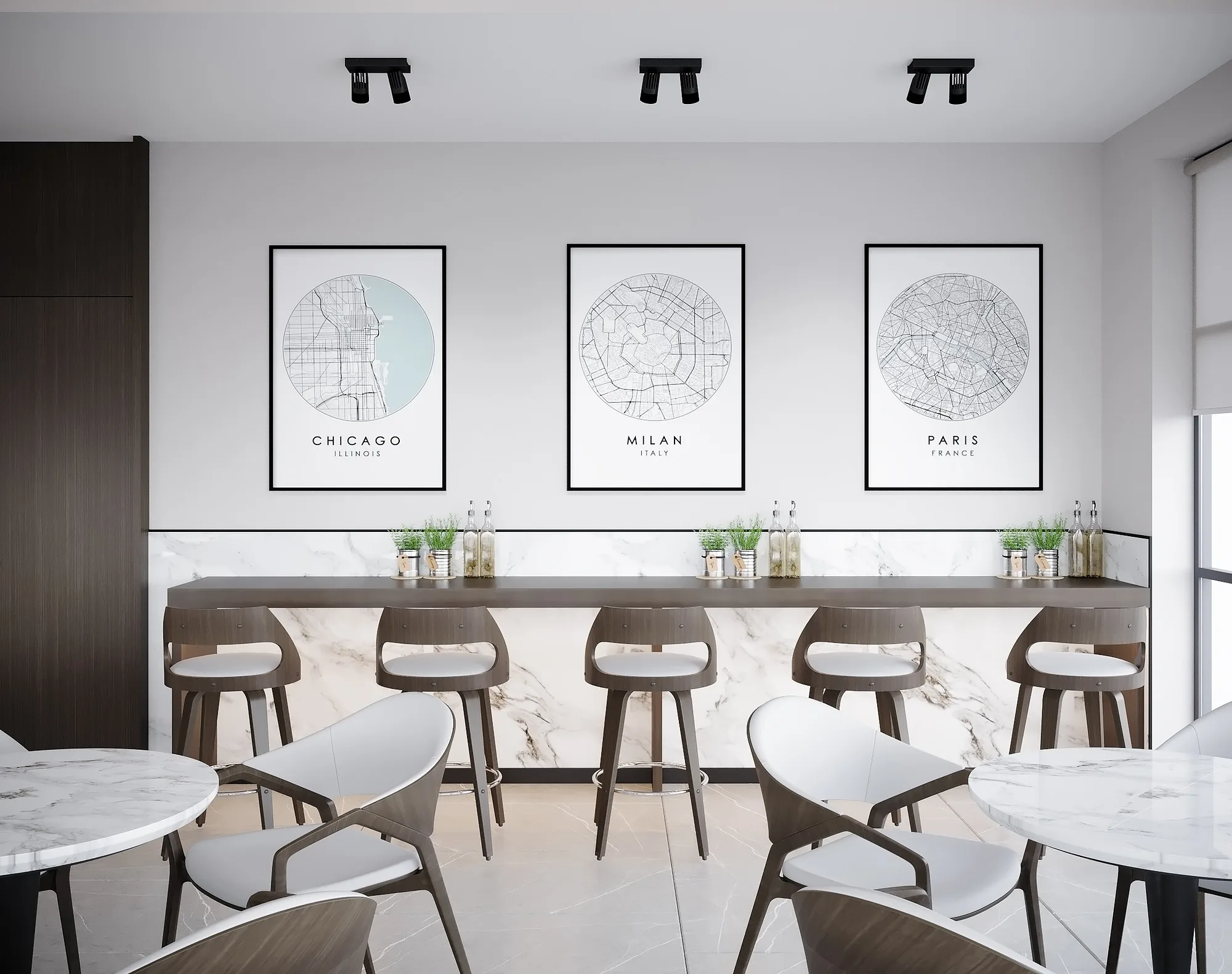 Cafeteria bar counter at the Trast Bank branch in Samarkand: a marble top, bar stools and city-map prints — SAD studio