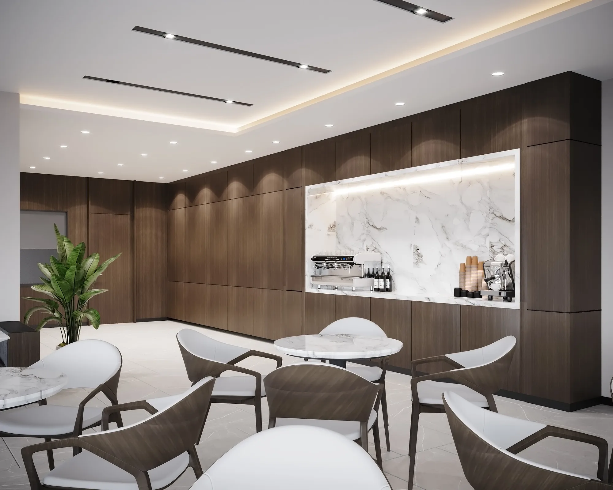 Coffee point at the Trast Bank branch in Samarkand: a timber wall with a lit marble niche and small tables — SAD studio