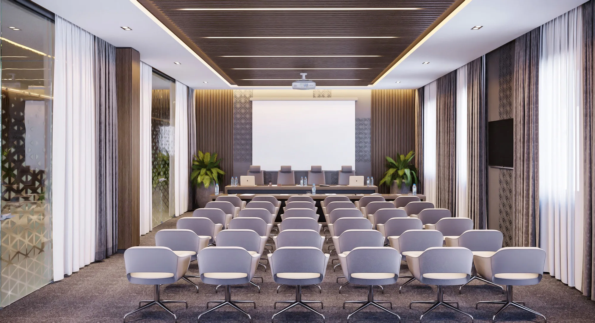 Conference hall of the Trast Bank branch in Samarkand: theatre seating, the projection screen and the presidium — SAD studio