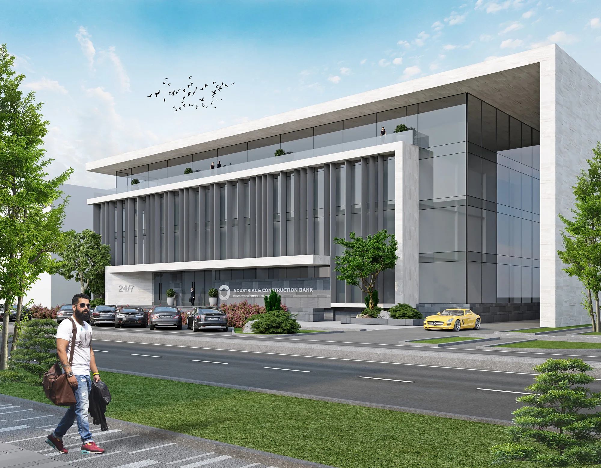 Uzpromstroybank branch in Nurafshan: the long glazed facade under the roof overhang with vertical sun-shading fins — SAD studio