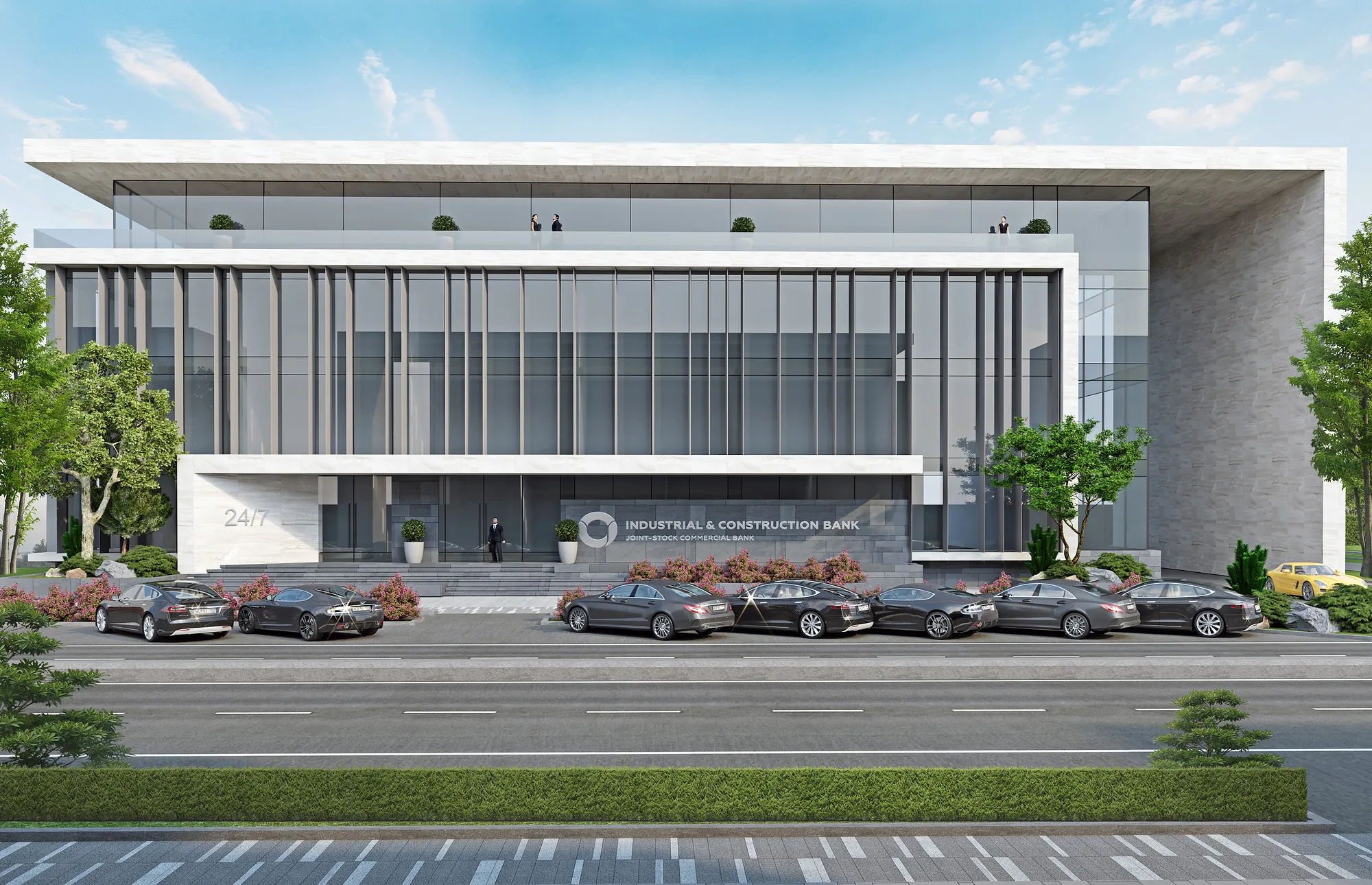 Main facade of Uzpromstroybank in Nurafshan head-on: two glazed floors, the roof canopy and parking in front — SAD studio