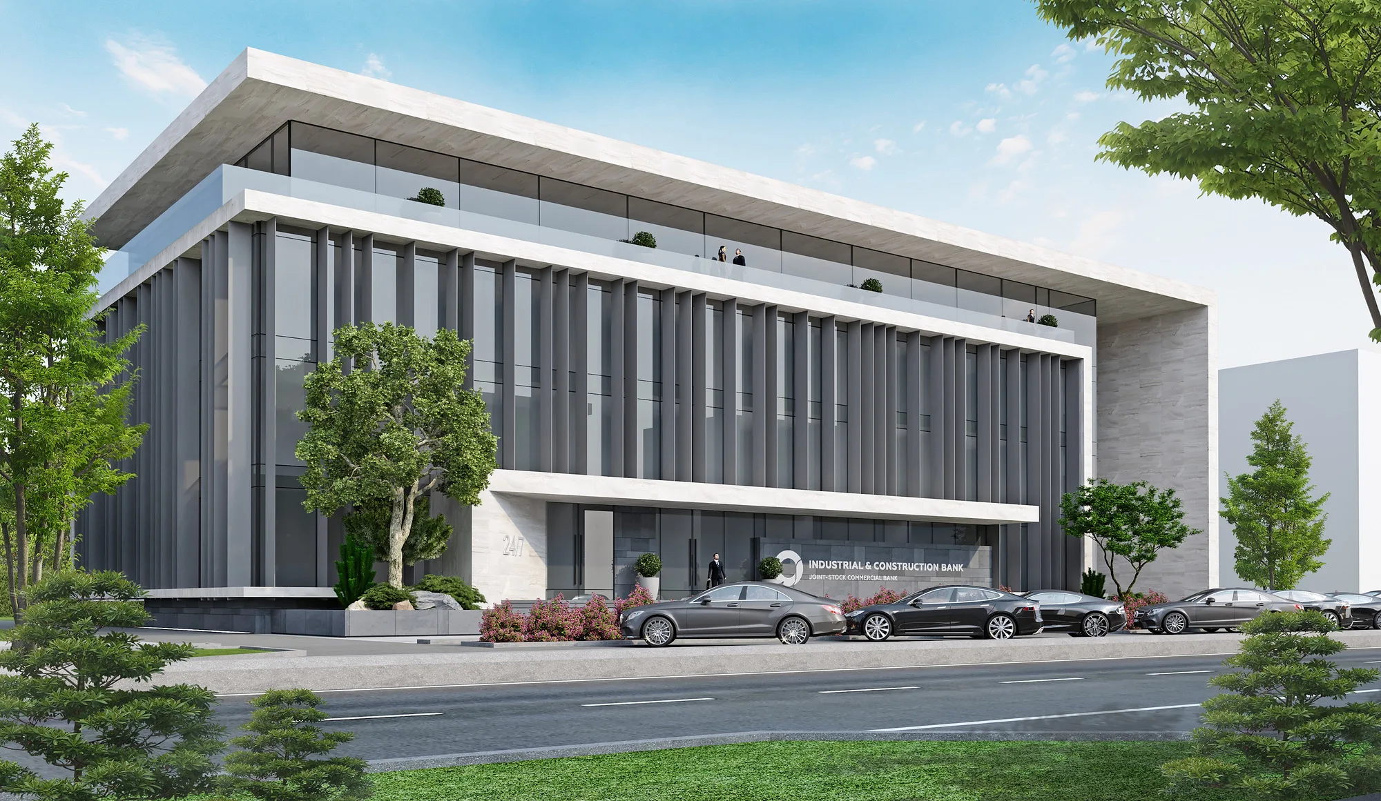 Corner of the Uzpromstroybank building in Nurafshan: the rhythm of the fins, trees and the access road — SAD studio