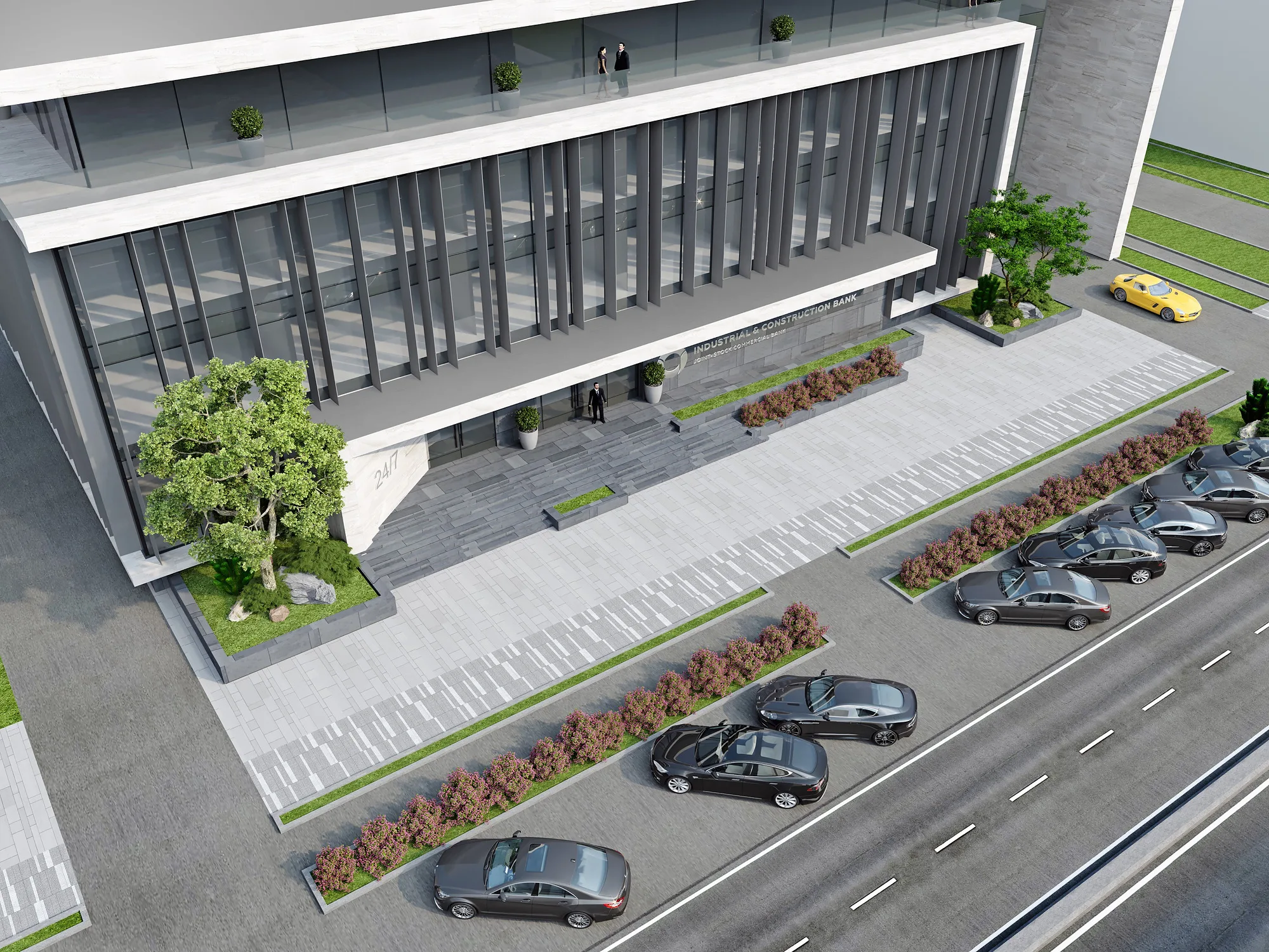 Uzpromstroybank branch in Nurafshan from above: the planted accessible roof, parking and the landscaped site — SAD studio