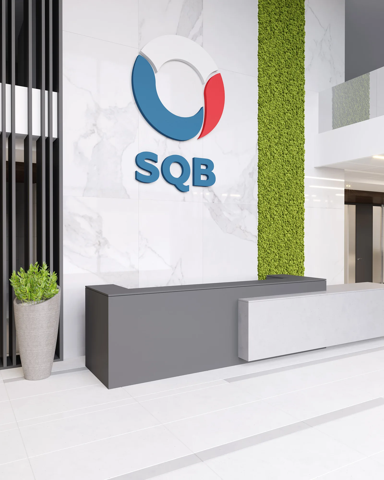 Reception of the Uzpromstroybank branch in Nurafshan: the desk, the SQB logo on a marble wall and a green wall — SAD studio