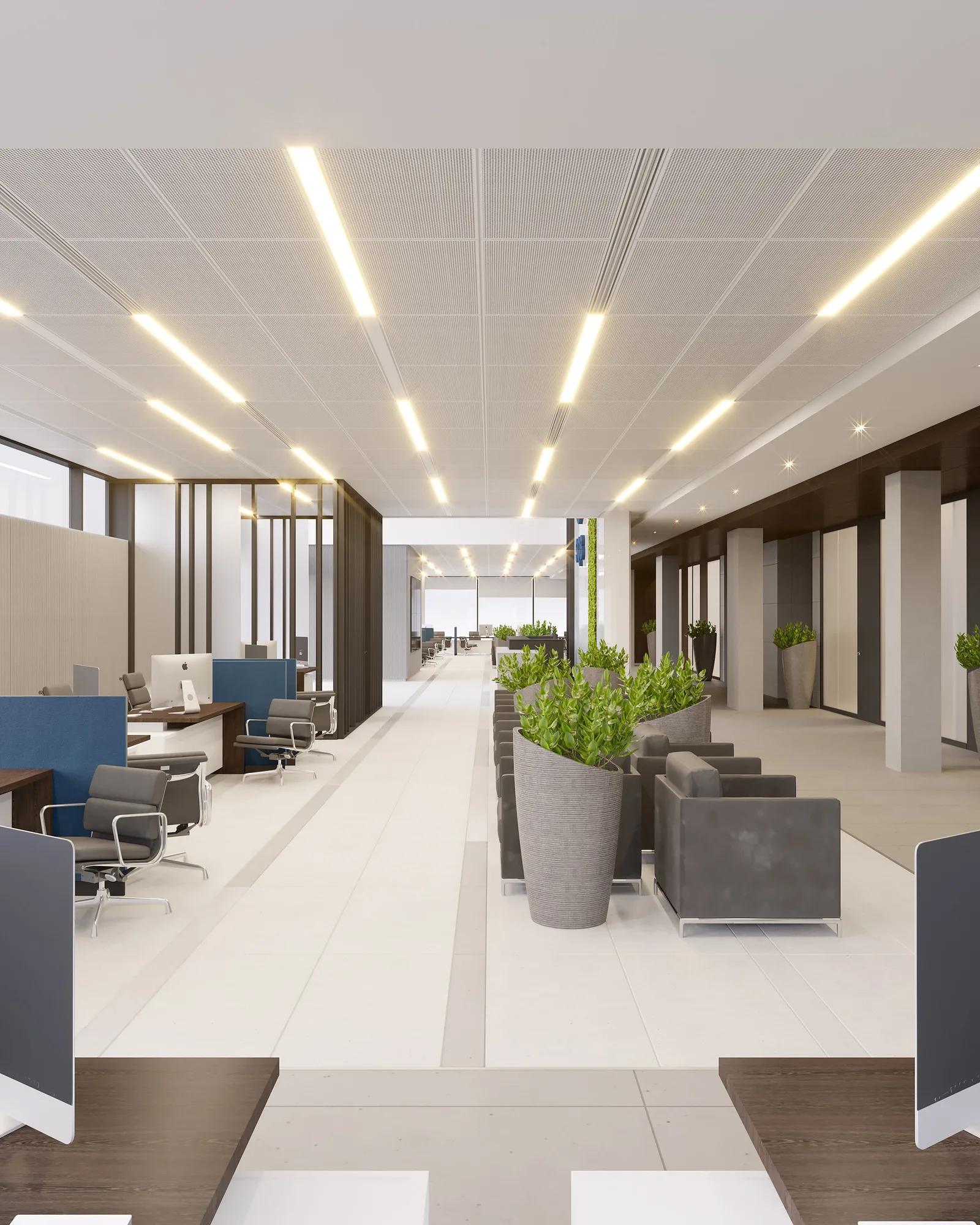 Banking hall of Uzpromstroybank in Nurafshan: workplaces by the windows, client armchairs and planters — SAD studio