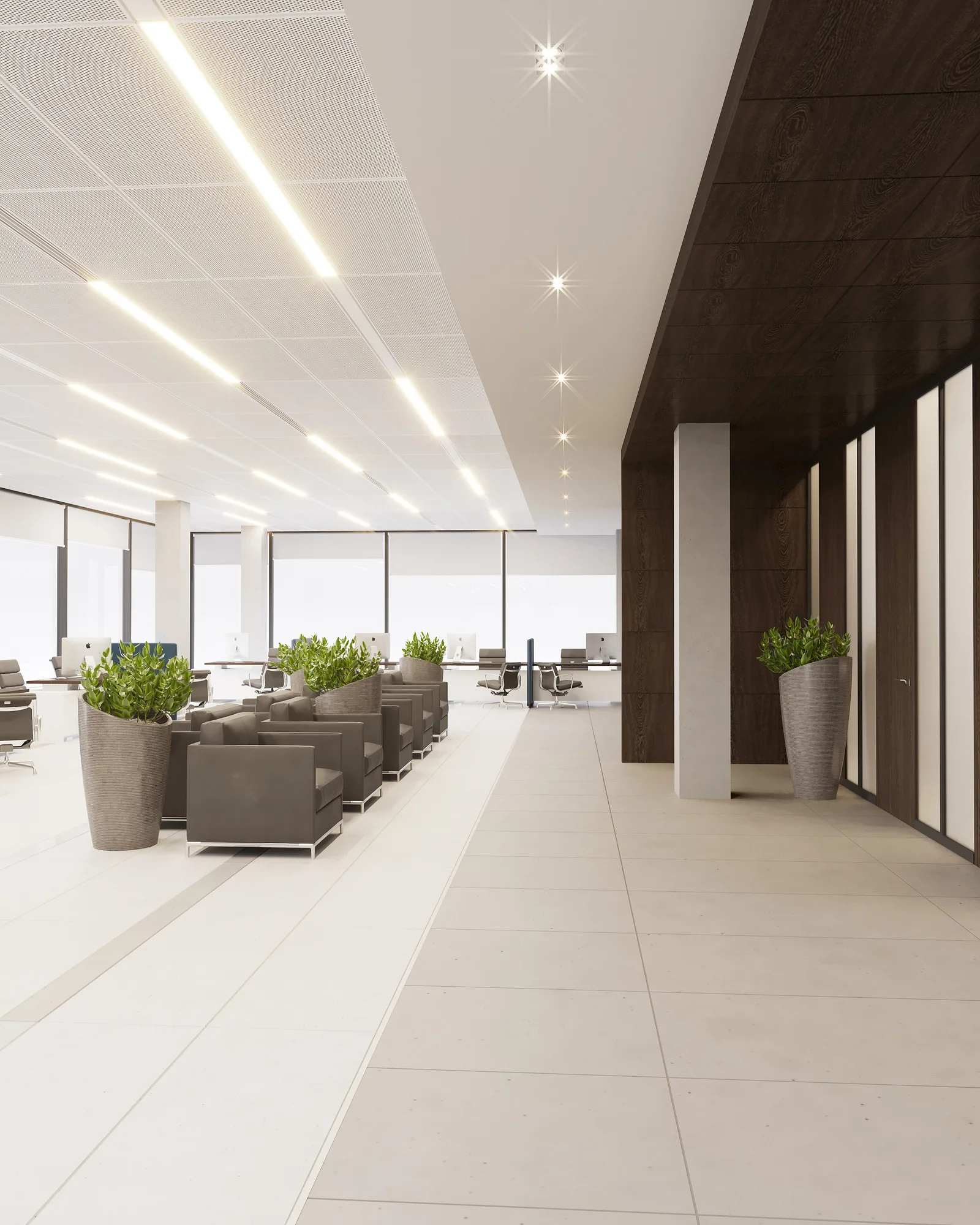 Banking hall of Uzpromstroybank in Nurafshan towards the glazing: light flooring, a soft seating zone and daylight — SAD studio
