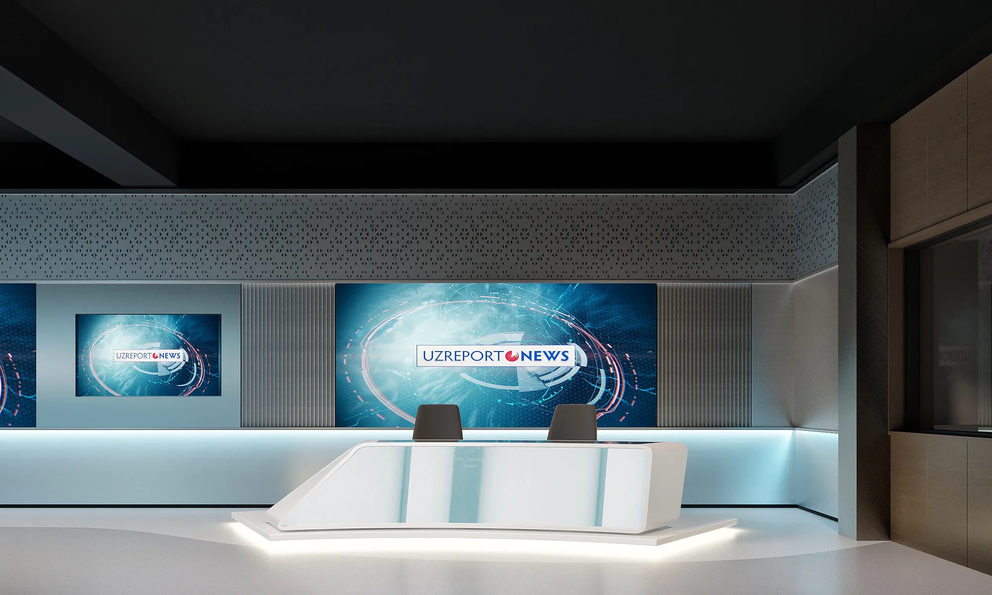 UzReport TV studios render: anchor desk and video wall — SAD studio