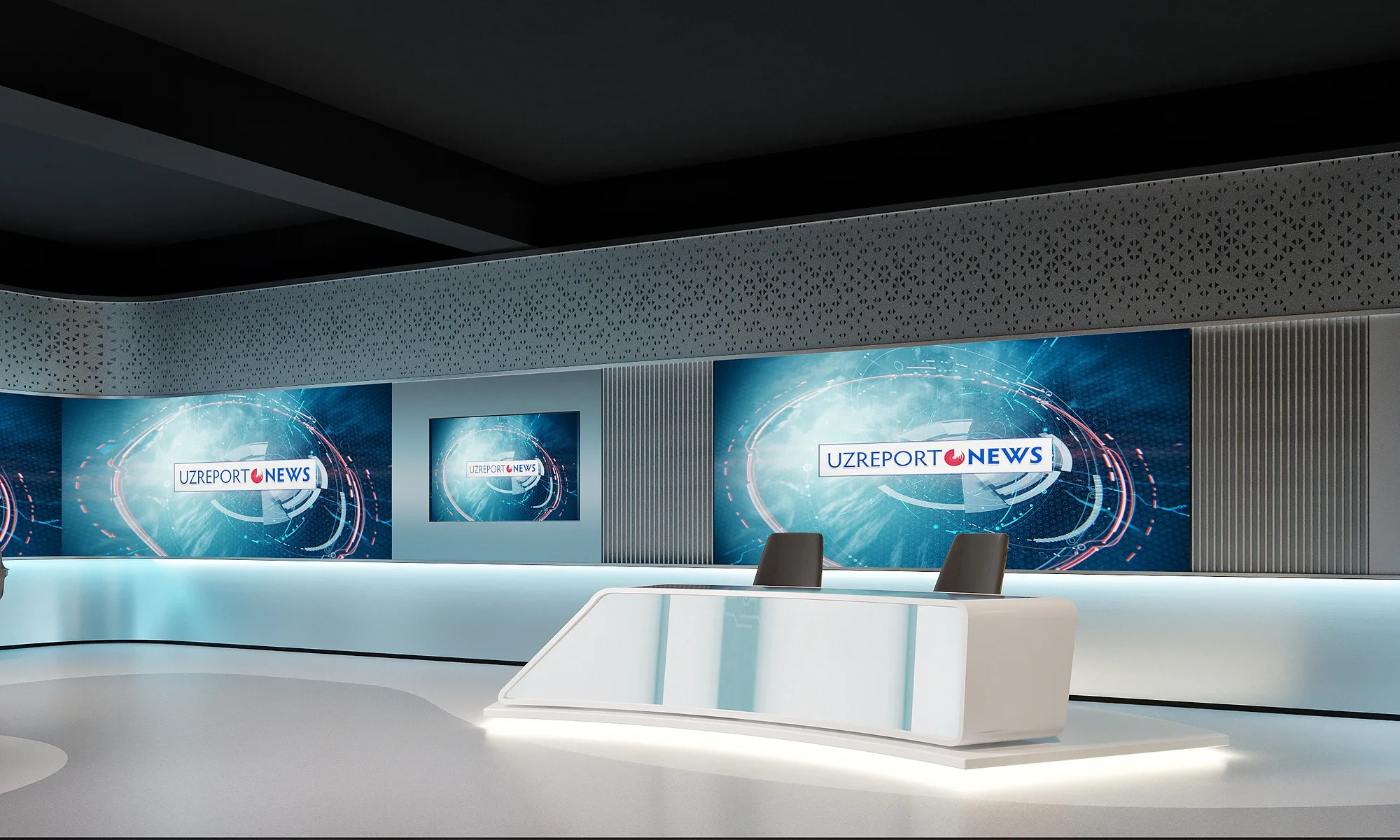 UzReport TV studios render: lit anchor desk — SAD studio