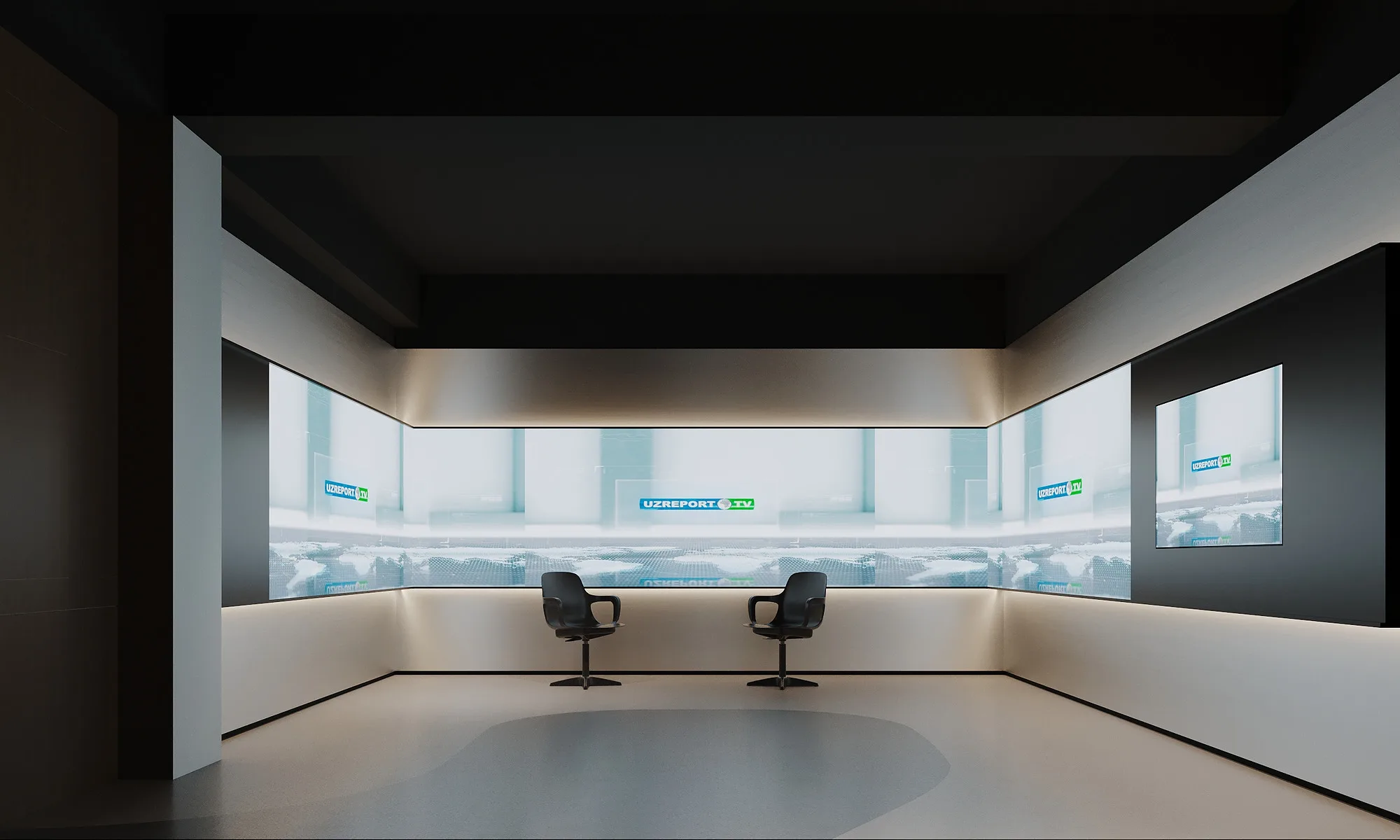 UzReport TV studios render: interview area by the video wall — SAD studio