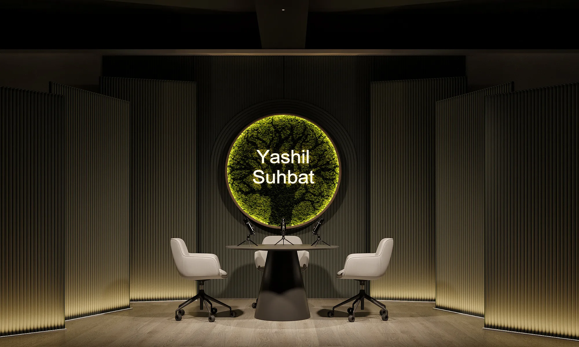 UzReport TV studios render: Yashil Suhbat set, dark option — SAD studio