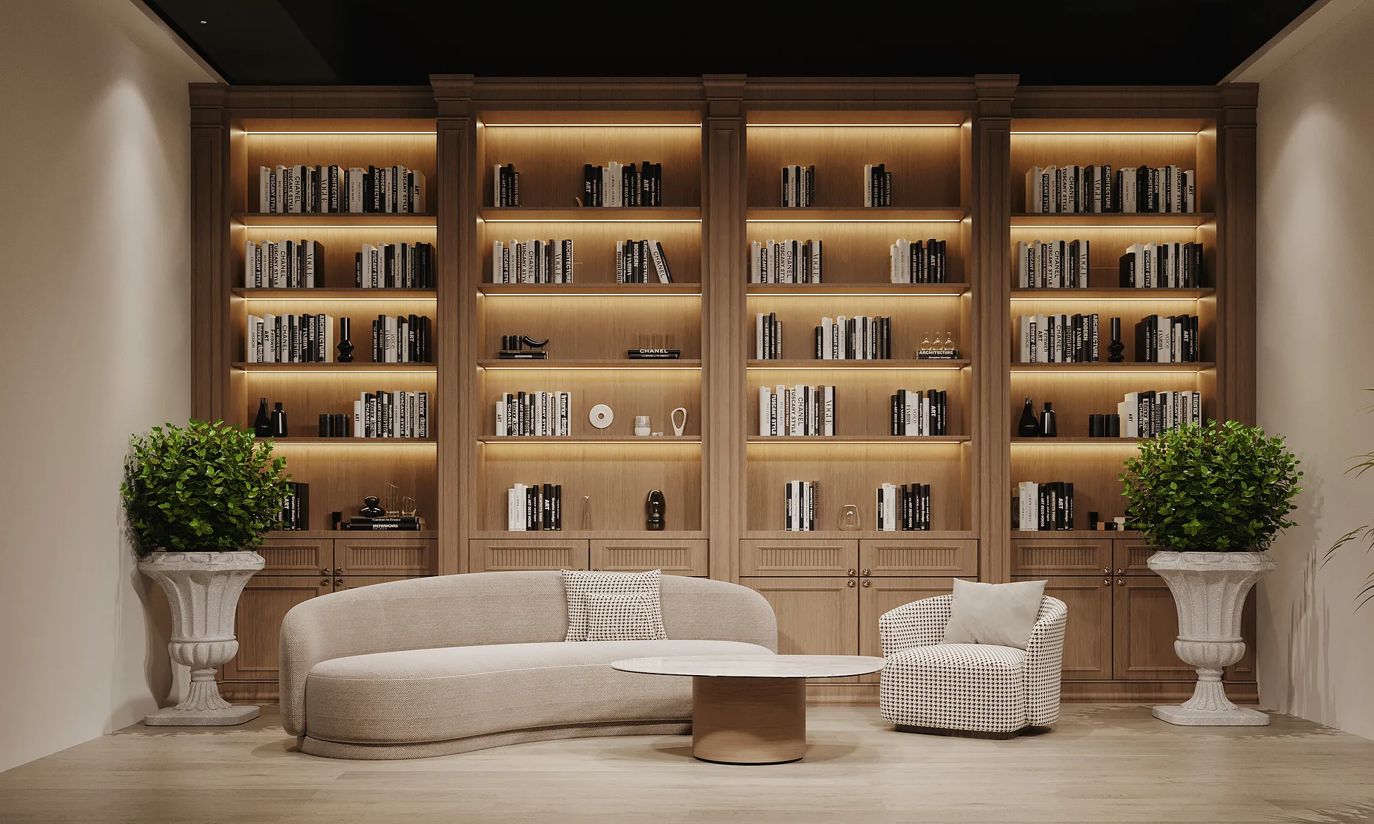 UzReport TV studios render: Bitmas Xazina set with timber shelving — SAD studio