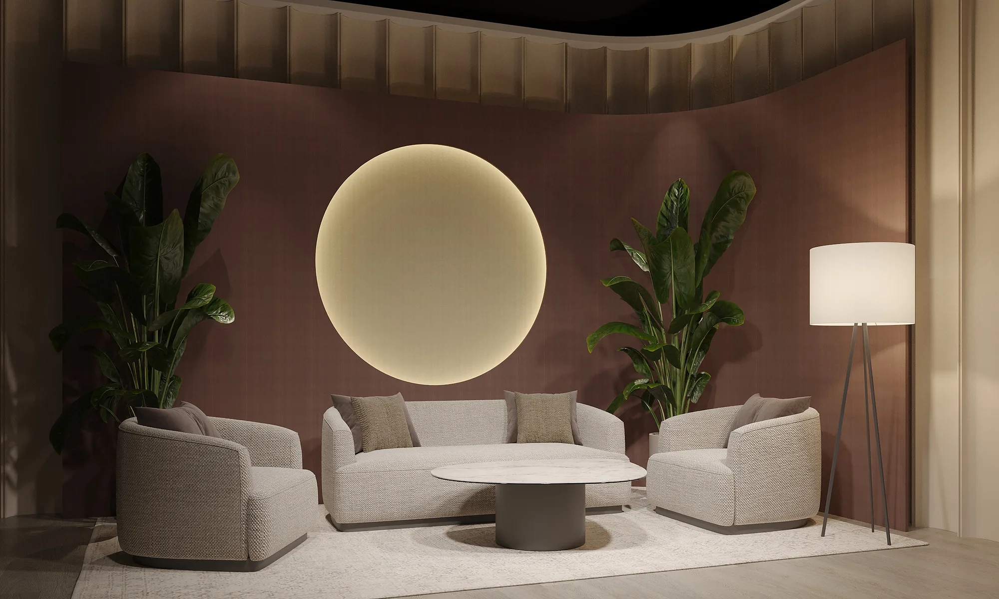 UzReport TV studios render: set with a glowing disc — SAD studio