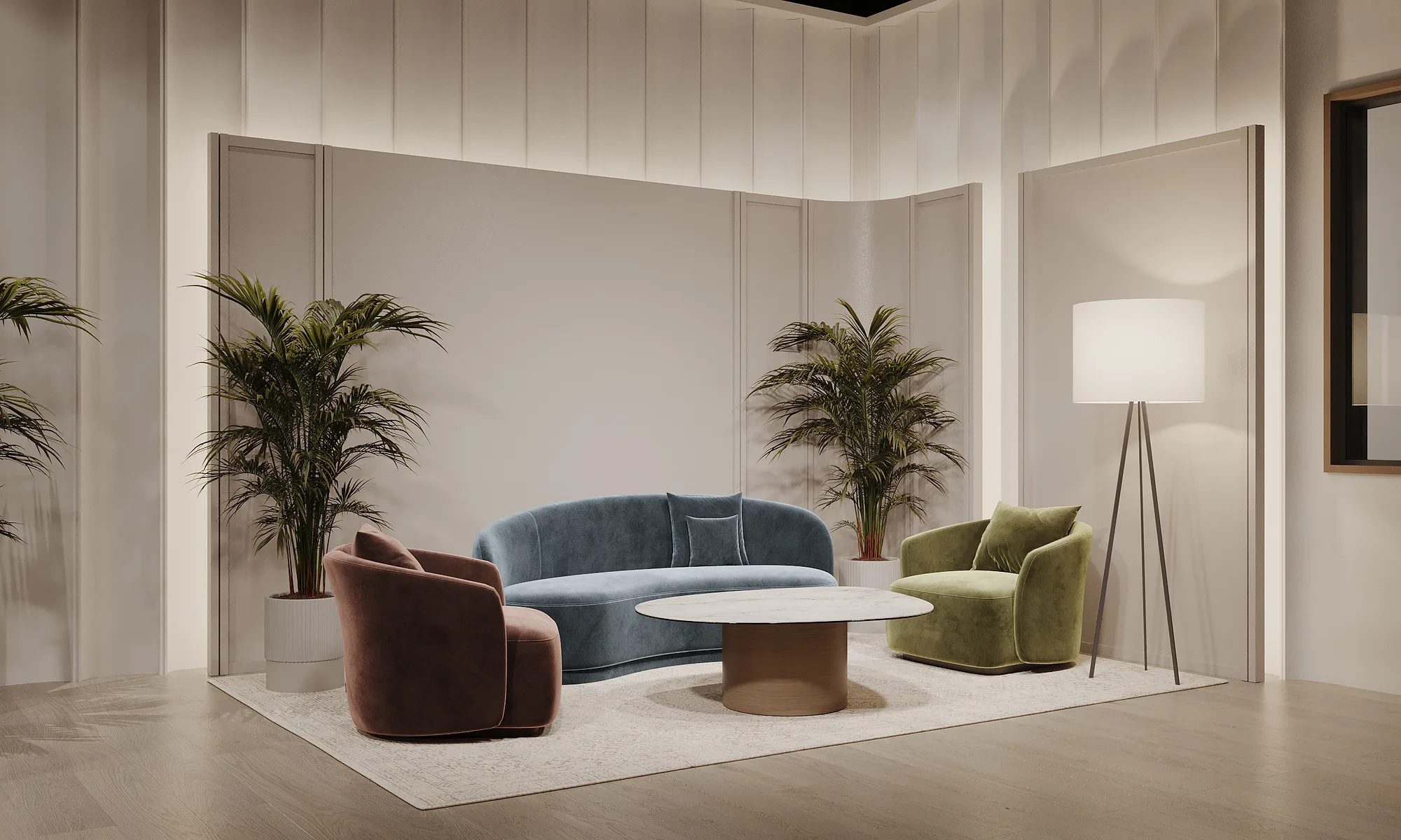 UzReport TV studios render: interview set with coloured armchairs — SAD studio