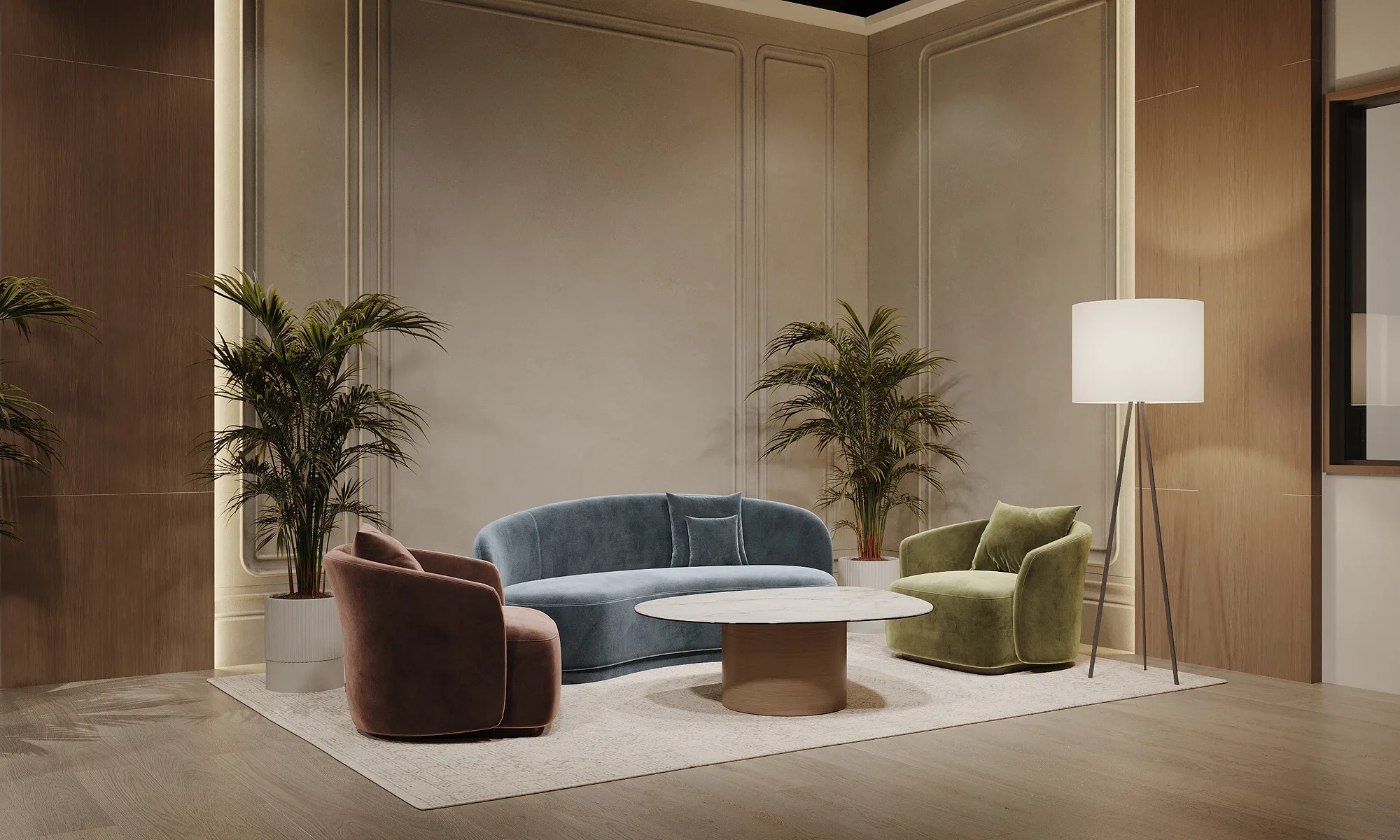 UzReport TV studios render: interview set with timber panels — SAD studio