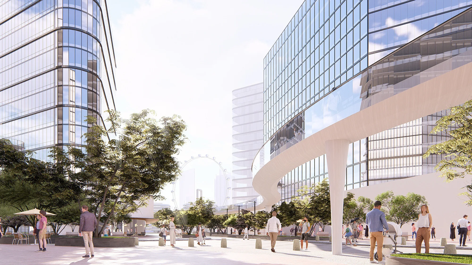 Oasis City: a district street with high-rise development and planting
