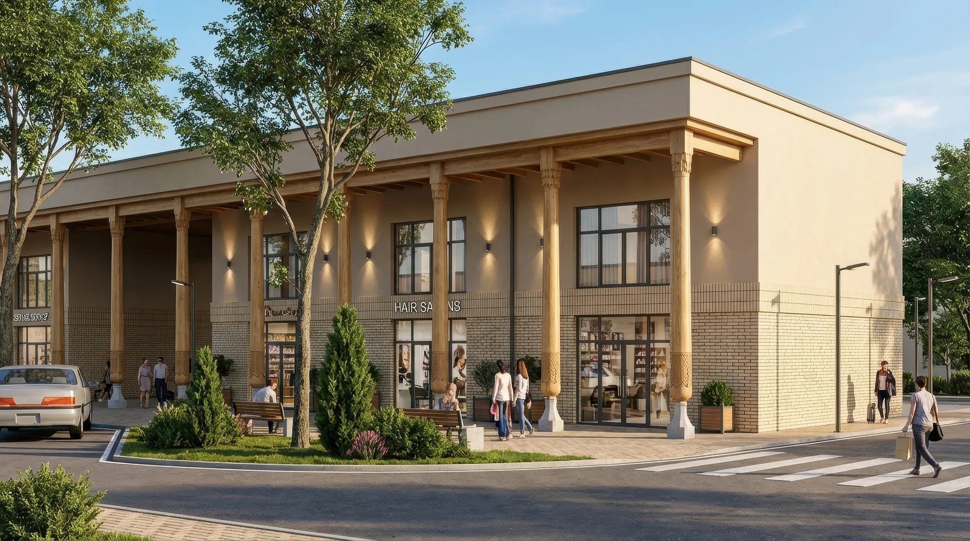 Yangi Namangan mahalla masterplan render: retail rows with an aivan — SAD studio