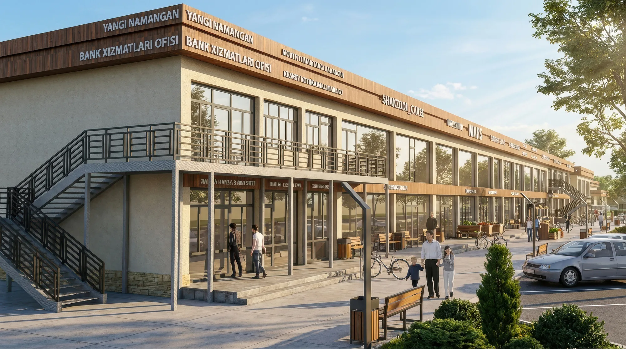 Yangi Namangan mahalla masterplan render: two-storey retail rows — SAD studio