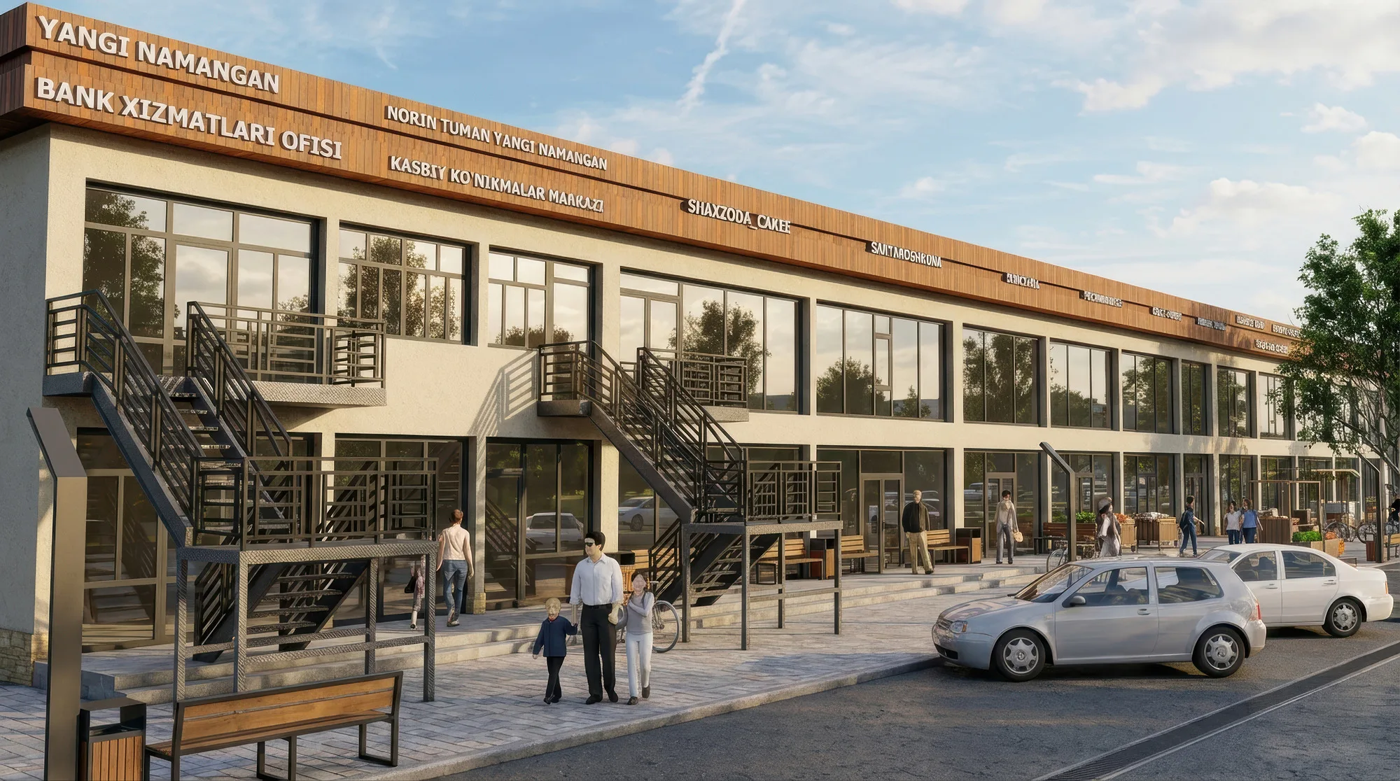 Yangi Namangan mahalla masterplan render: retail row signage — SAD studio