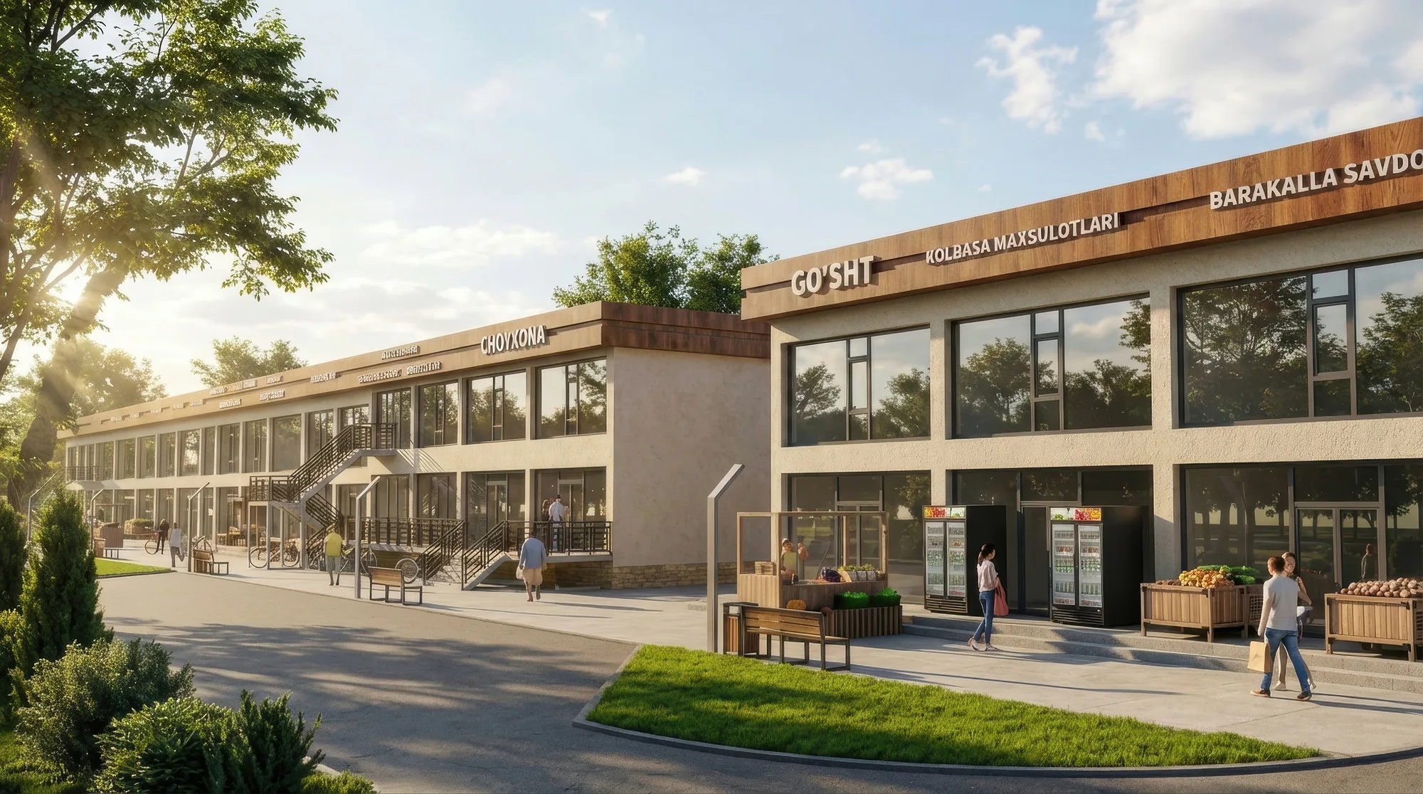 Yangi Namangan mahalla masterplan render: retail rows and a square — SAD studio