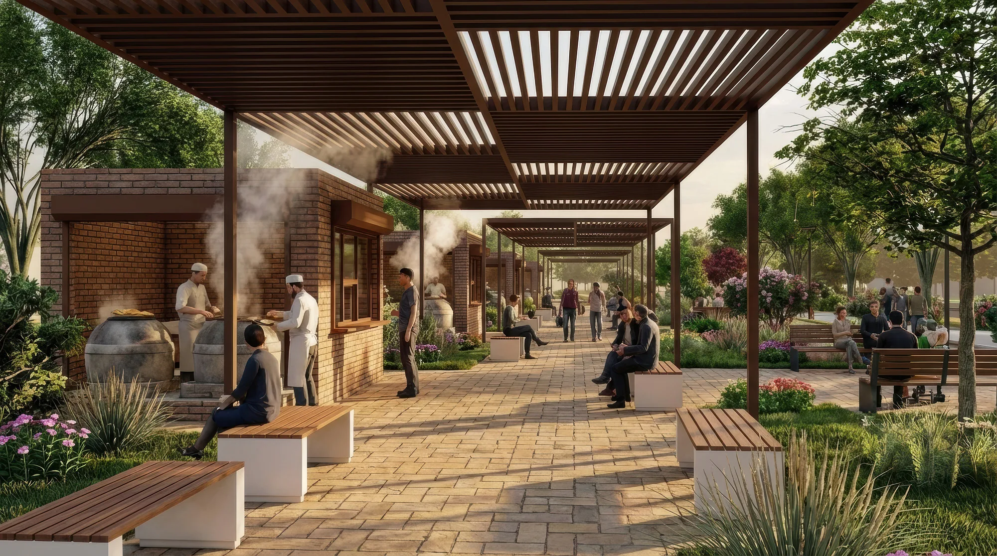 Yangi Namangan mahalla masterplan render: alley with a pergola and a tandoor — SAD studio