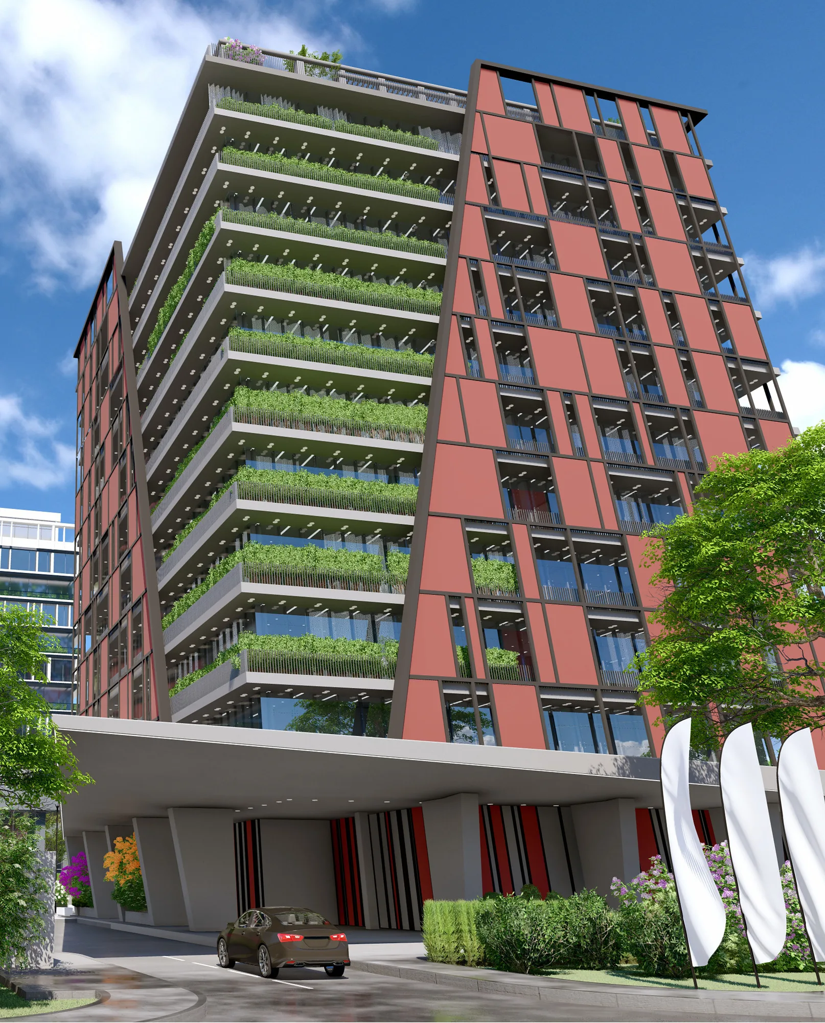 Yashnobod Korean City render: apart-hotel with planted balconies — SAD studio