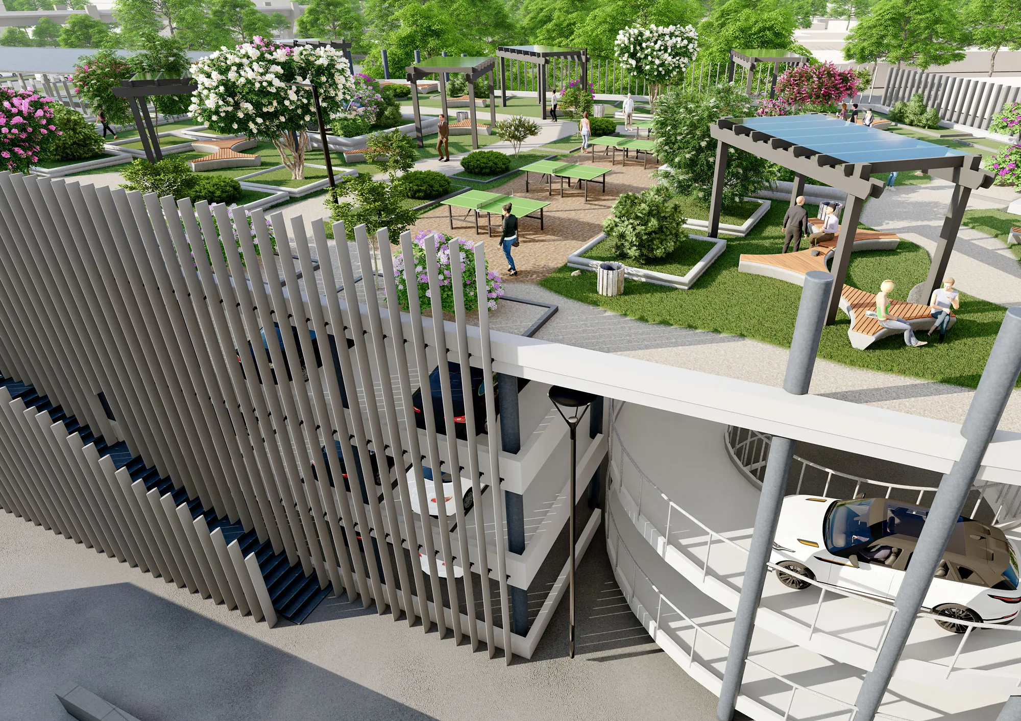 Yashnobod Korean City render: rooftop garden on the car park — SAD studio