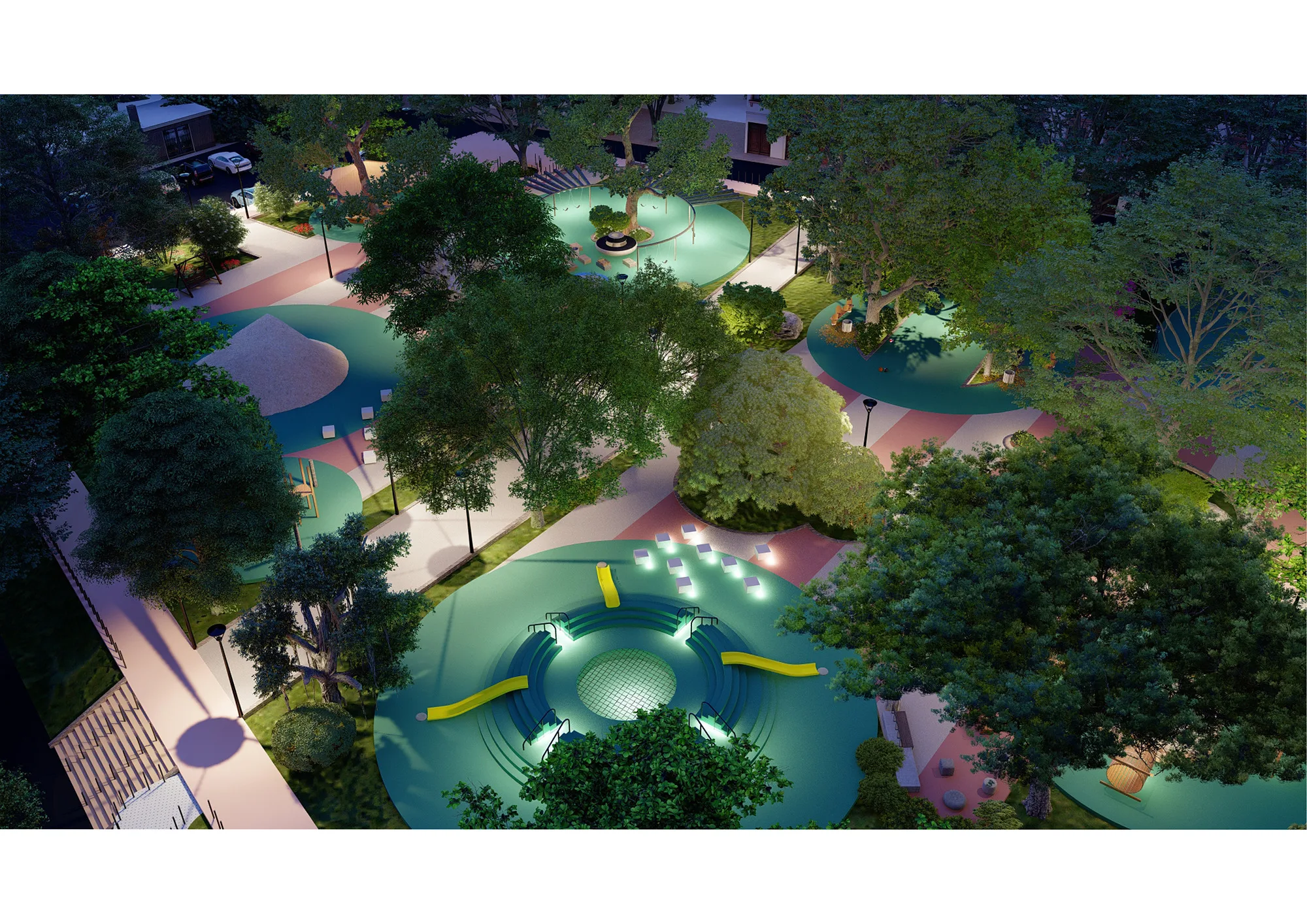 Yunus Rajabi mahalla park render: play areas at night from above — SAD studio