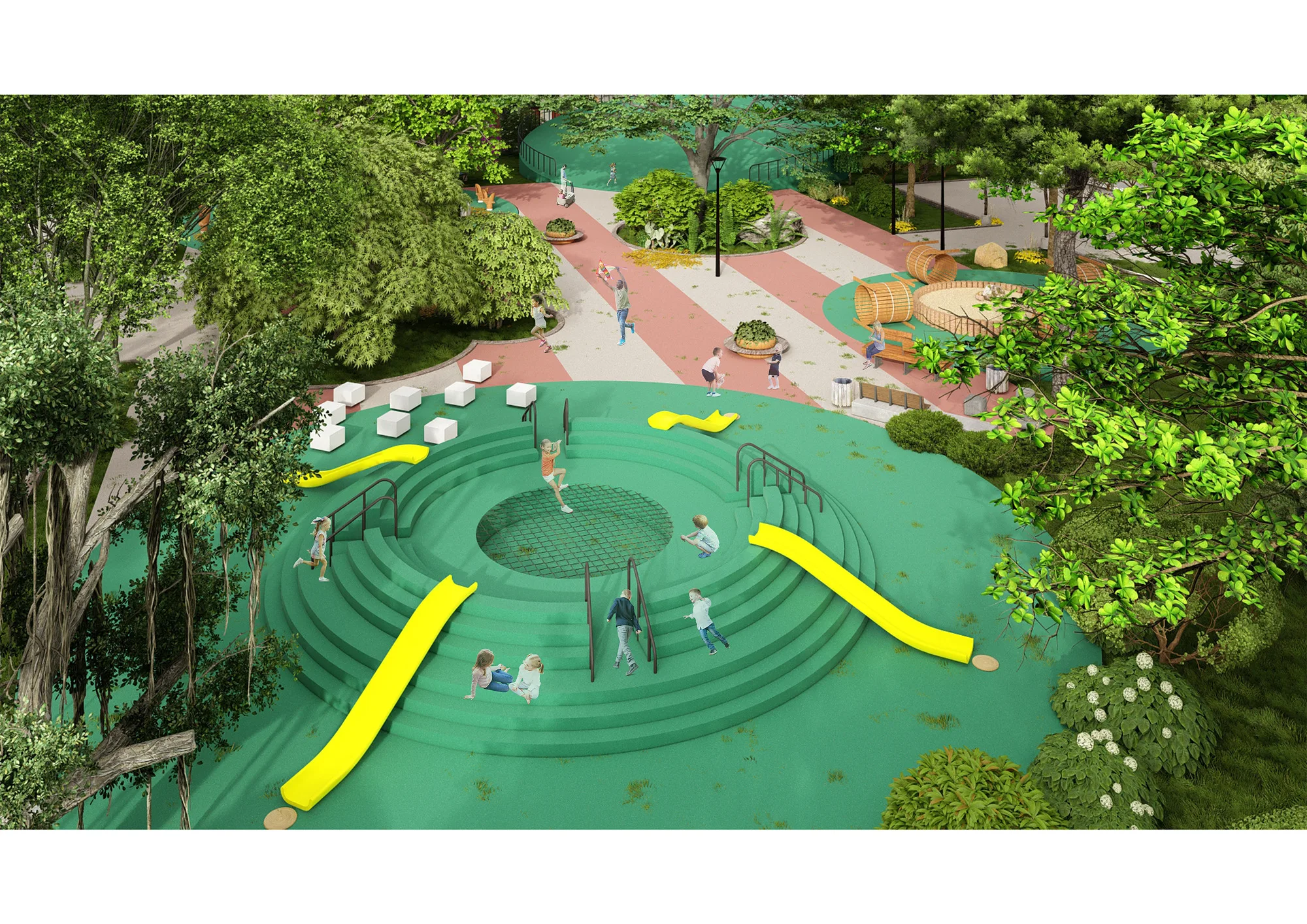 Yunus Rajabi mahalla park render: circular steps with slides — SAD studio