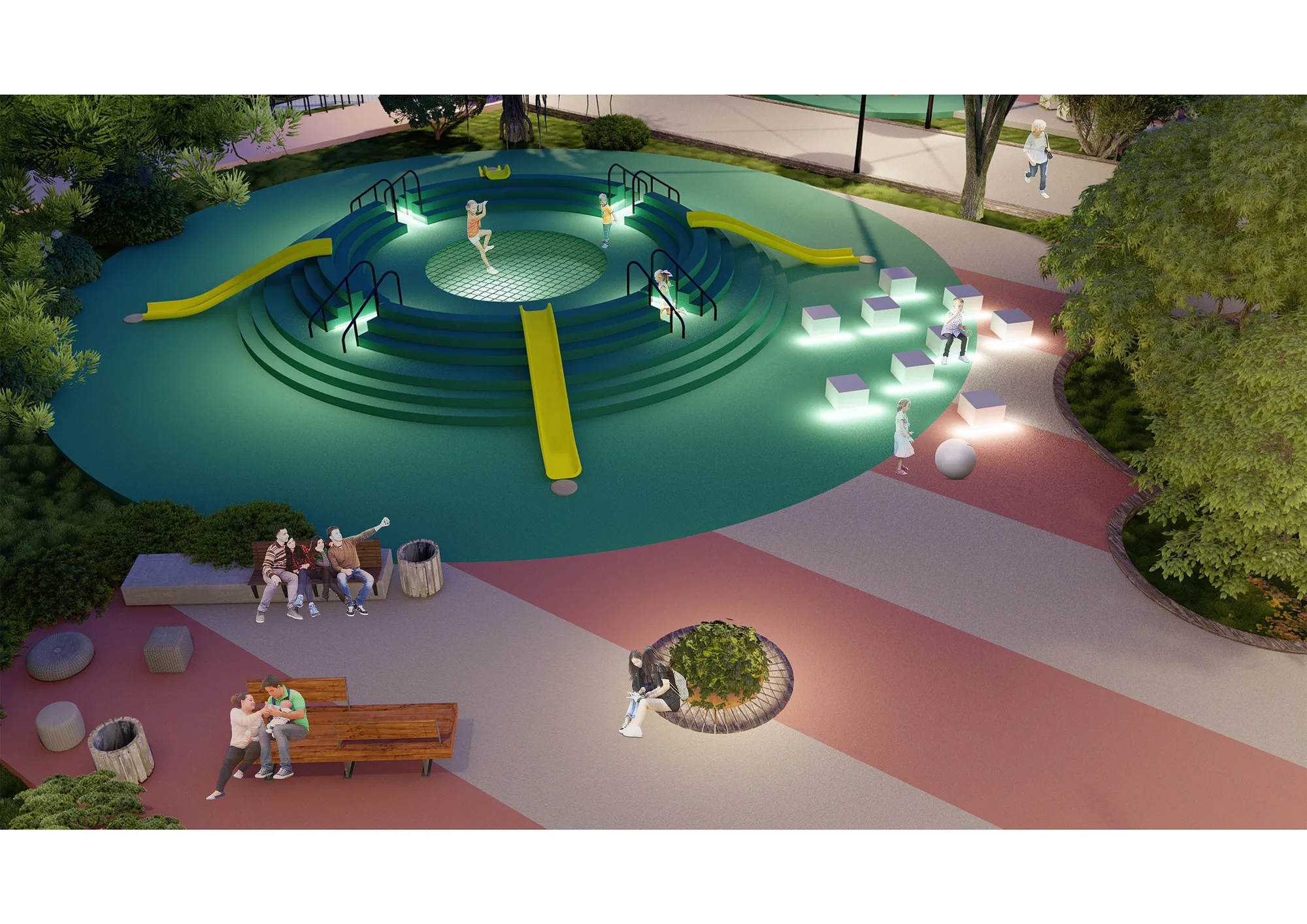 Yunus Rajabi mahalla park render: circular steps at night — SAD studio