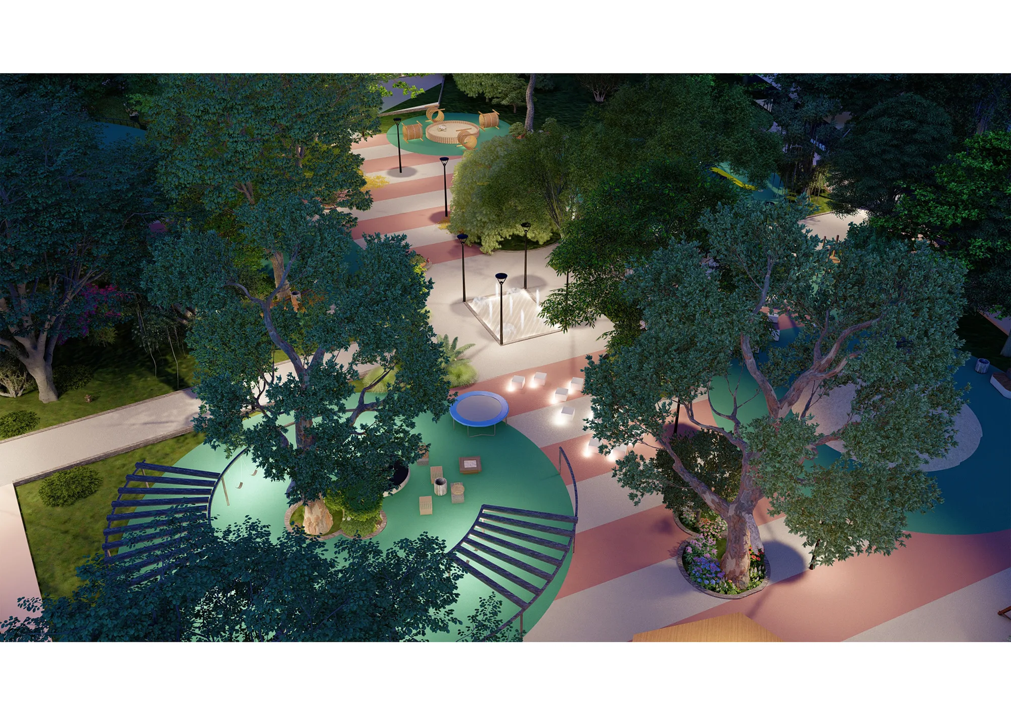 Yunus Rajabi mahalla park render: play areas under trees at night — SAD studio