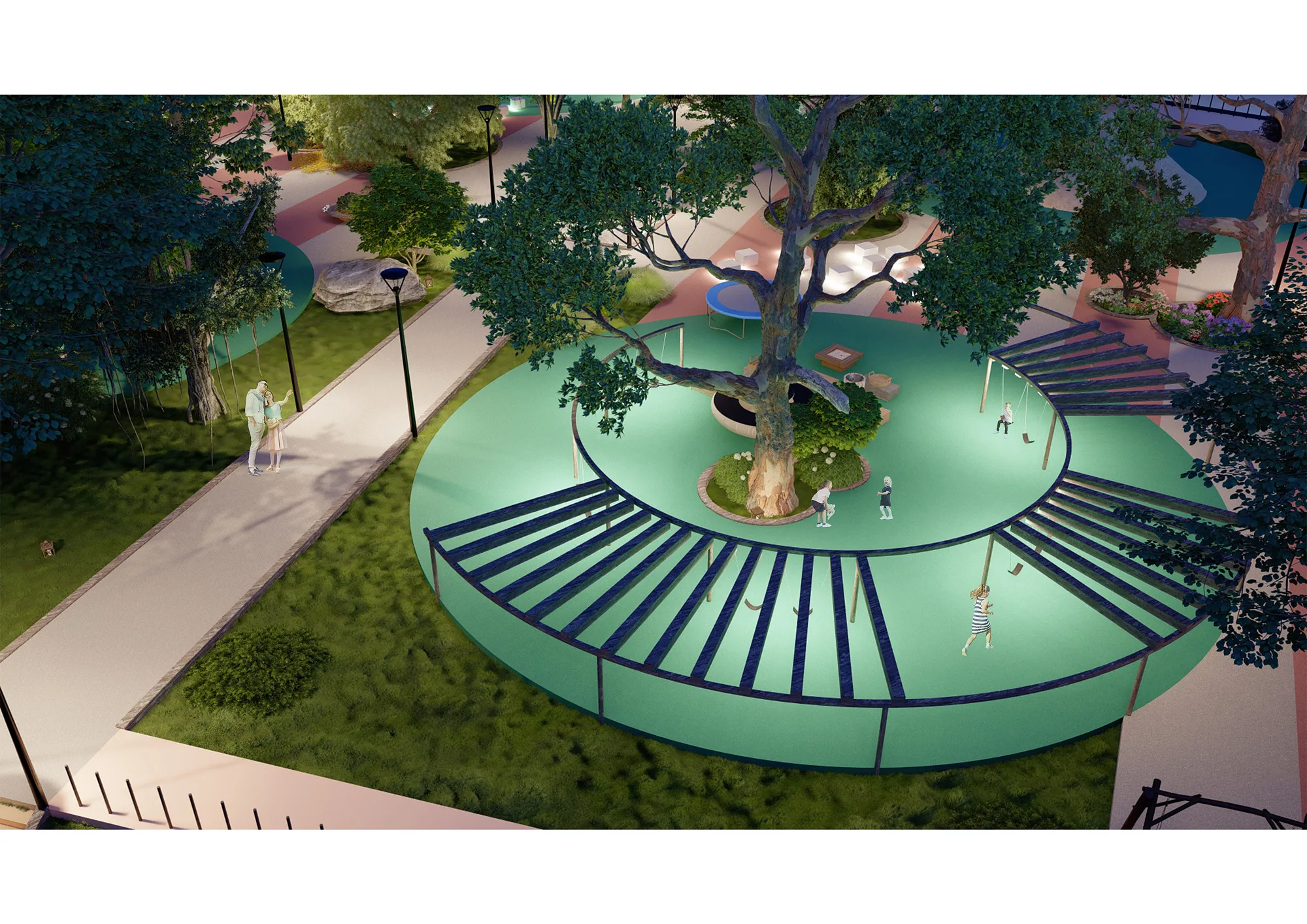 Yunus Rajabi mahalla park render: swings around a tree — SAD studio