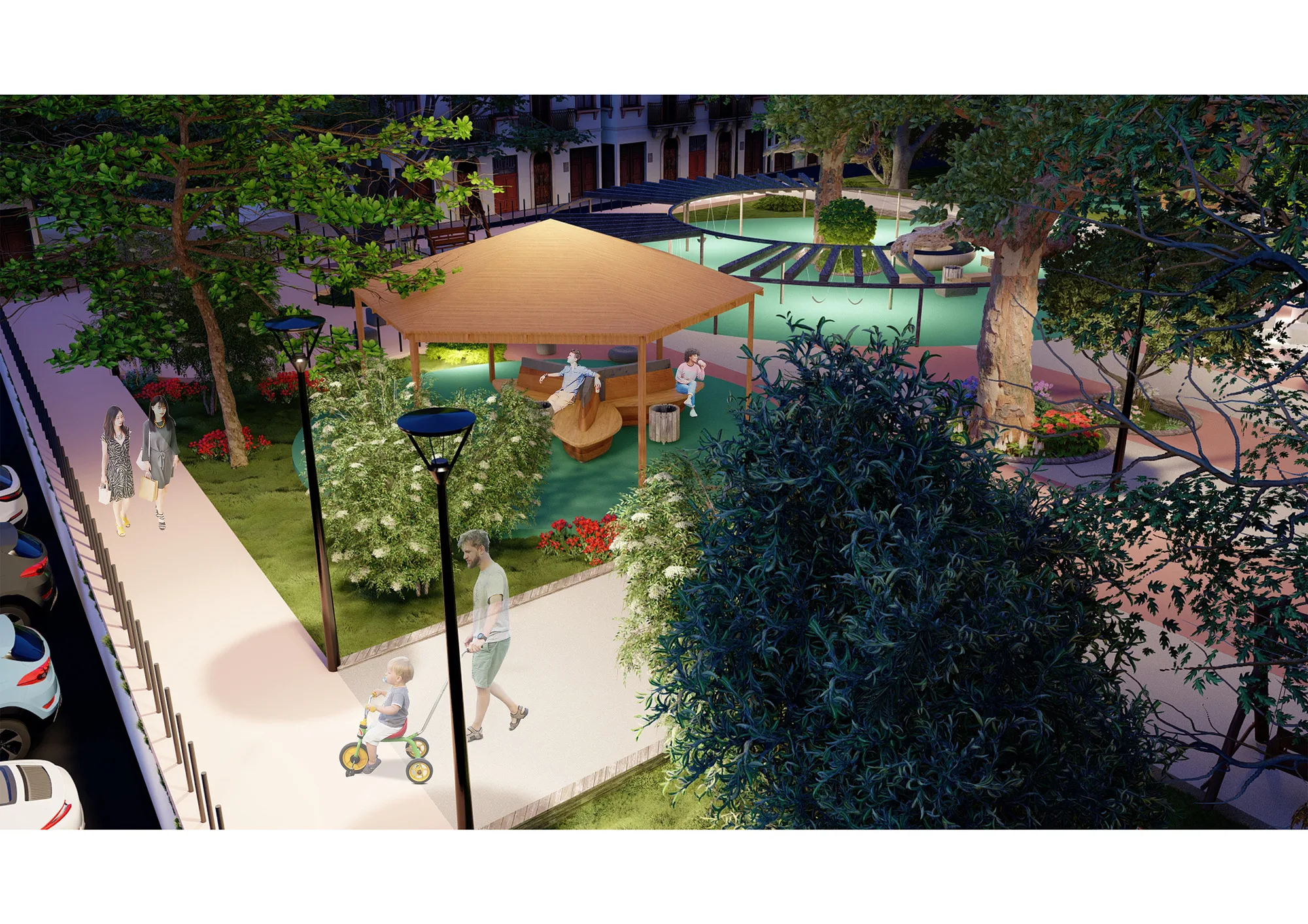 Yunus Rajabi mahalla park render: area with a canopy and lamps — SAD studio