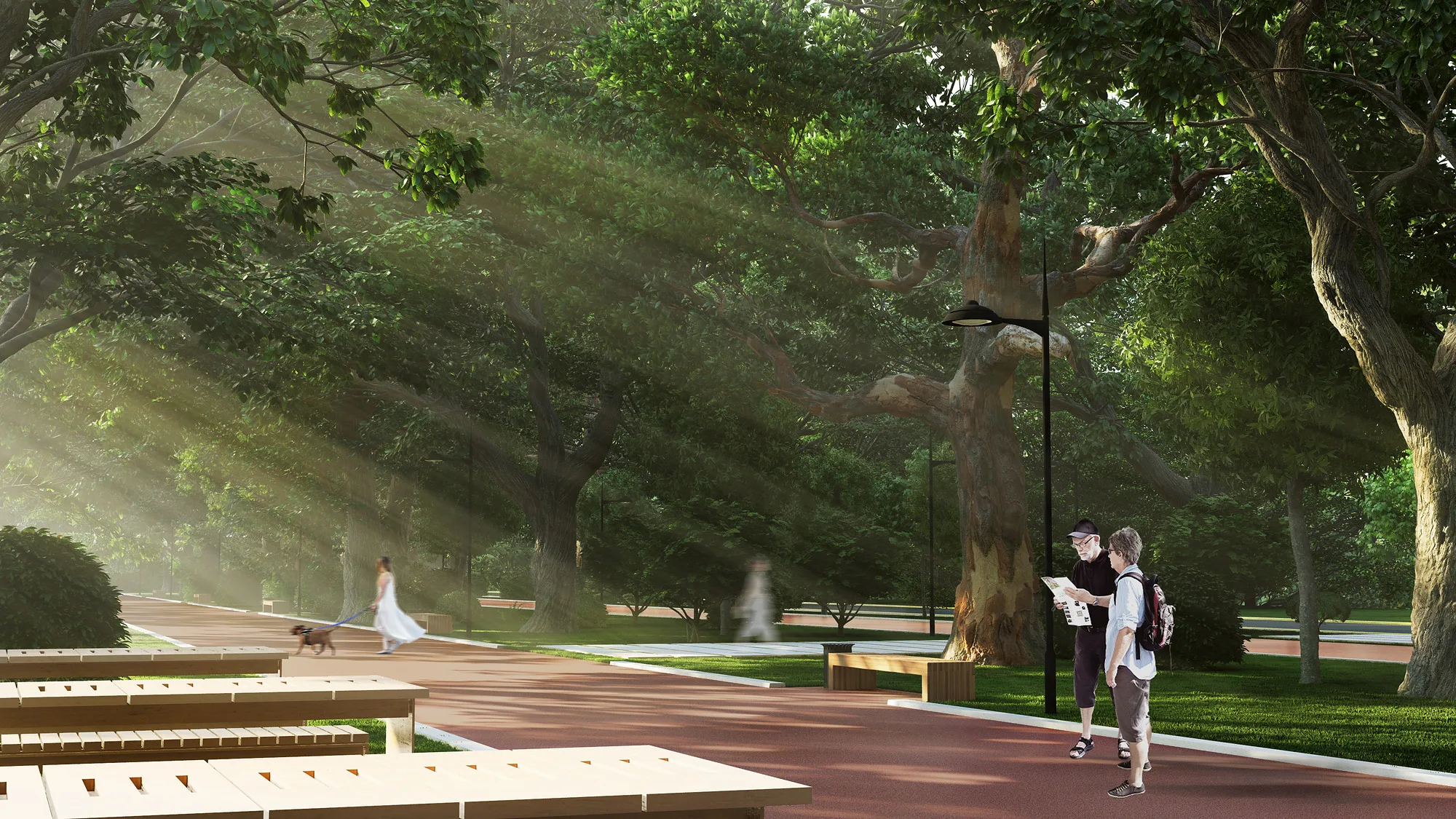 Yunus Rajabi mahalla park render: alley in morning light — SAD studio