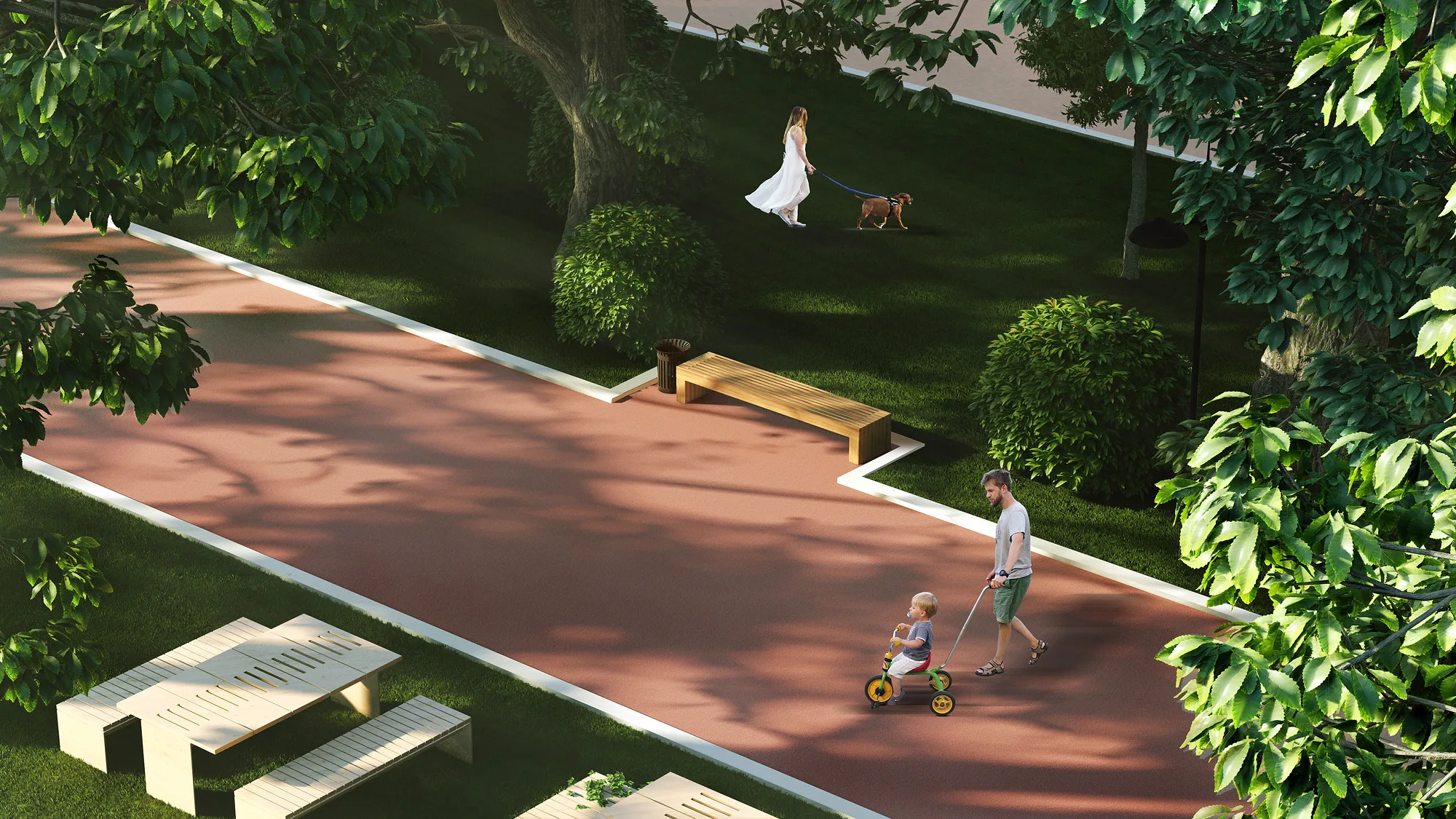 Yunus Rajabi mahalla park render: alley with benches — SAD studio
