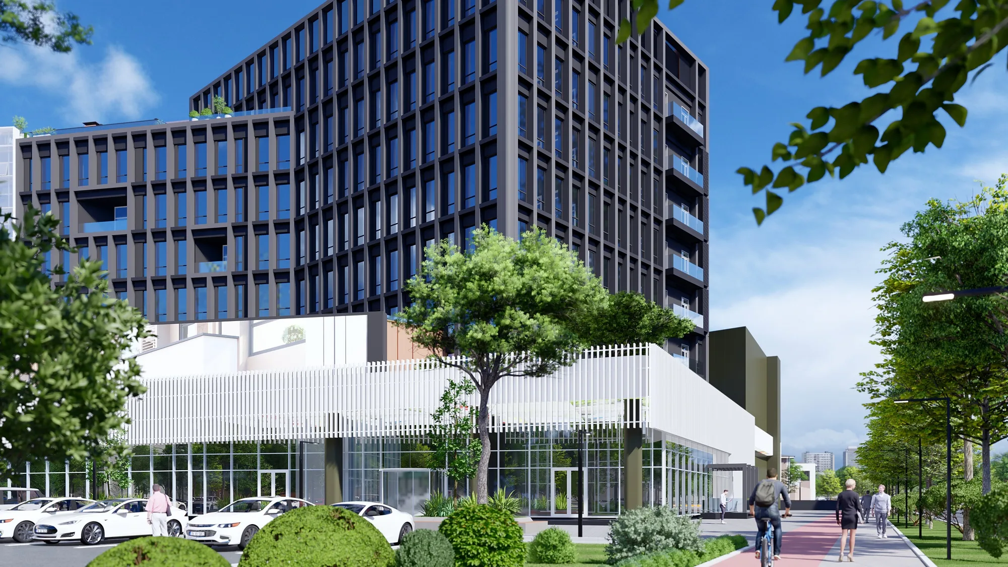 Design visualisation: the glazed volume of the lower floors
