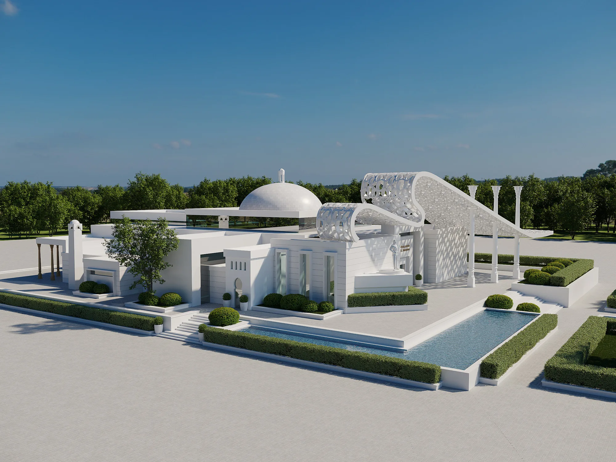 The Batyr Zakirov Foundation in Tashkent from above: the Uzbek courtyard with a dome, the water basin and the ribbon arch — SAD studio