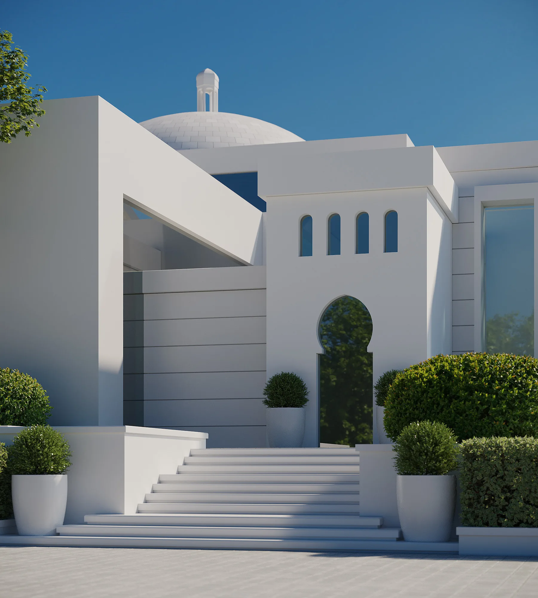 The Uzbek courtyard of the Batyr Zakirov Foundation in Tashkent: the dome, pointed windows and the stair between the volumes — SAD studio