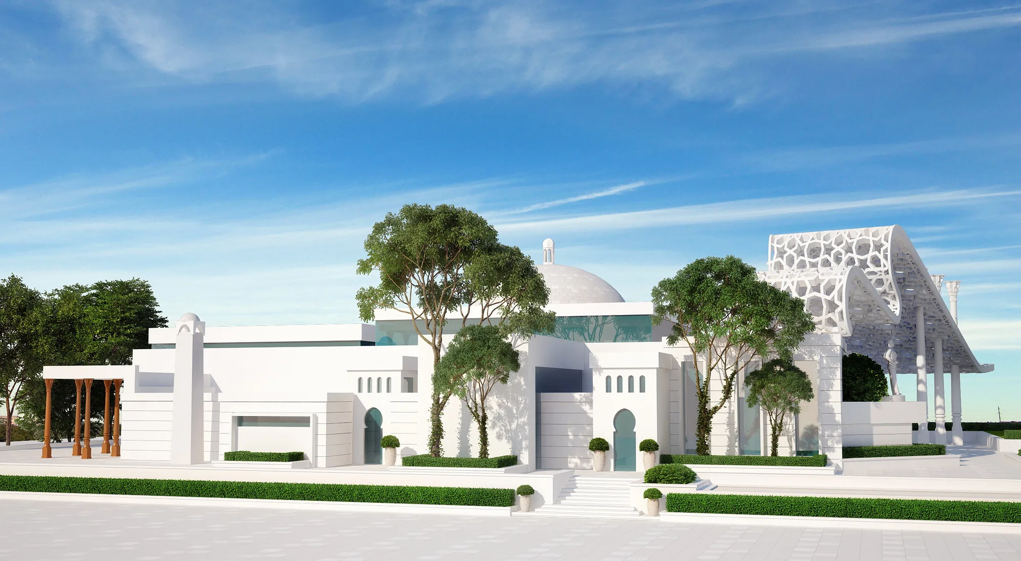 The Batyr Zakirov Foundation in Tashkent among trees: the white facade, the dome and the openwork ribbon above the roof — SAD studio