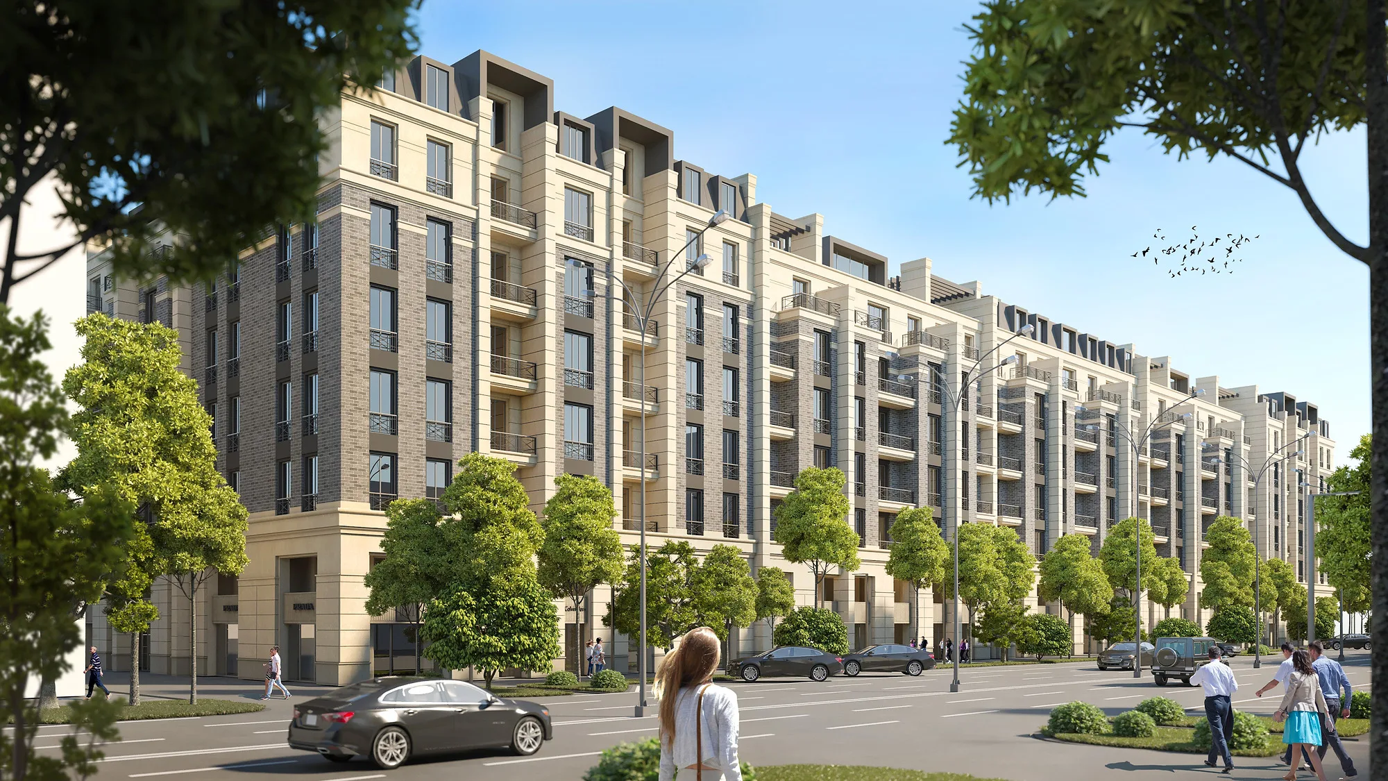 Bukhara residential complex in Tashkent: the long classical facade on the street frontage, trees and pedestrians — SAD studio