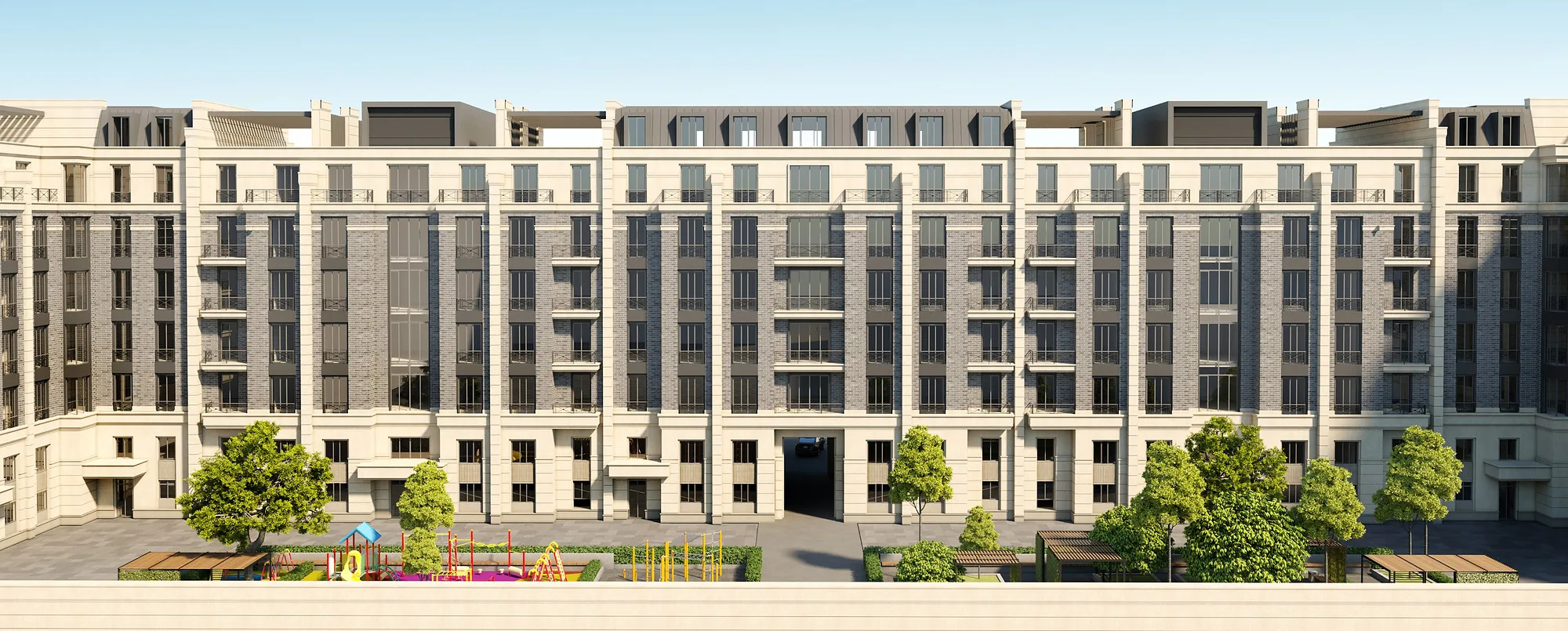 Frontal view of the Bukhara complex in Tashkent: the whole block, the rhythm of bay windows and landscaping along the facade — SAD studio