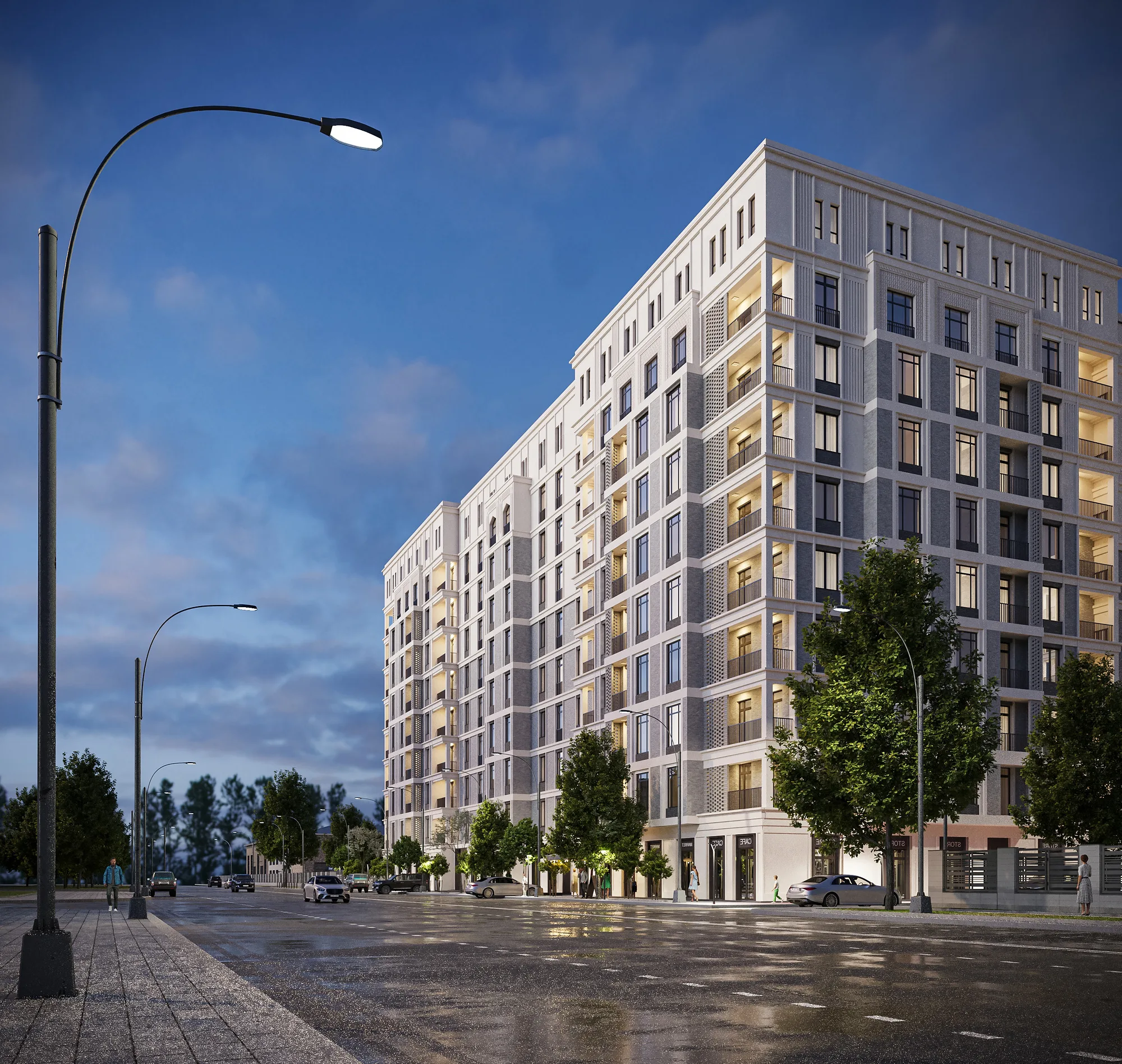 Uchtepa residential complex in Tashkent: nine-storey blocks in warm tones along the street, trees and pavement — SAD studio