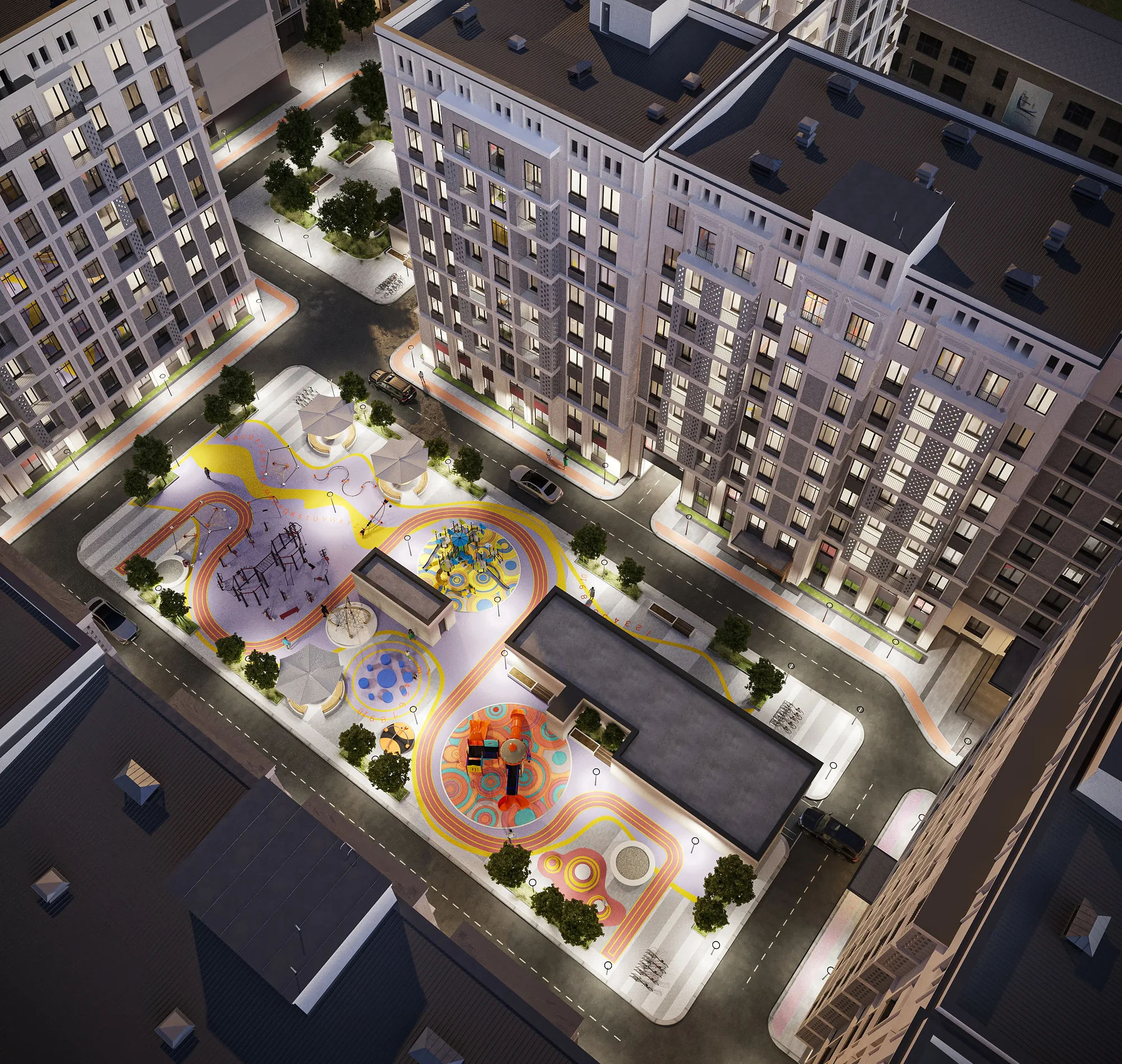 Courtyard of the Uchtepa complex in Tashkent from above: playgrounds and sports areas, alleys and gazebos inside the gated grounds — SAD studio