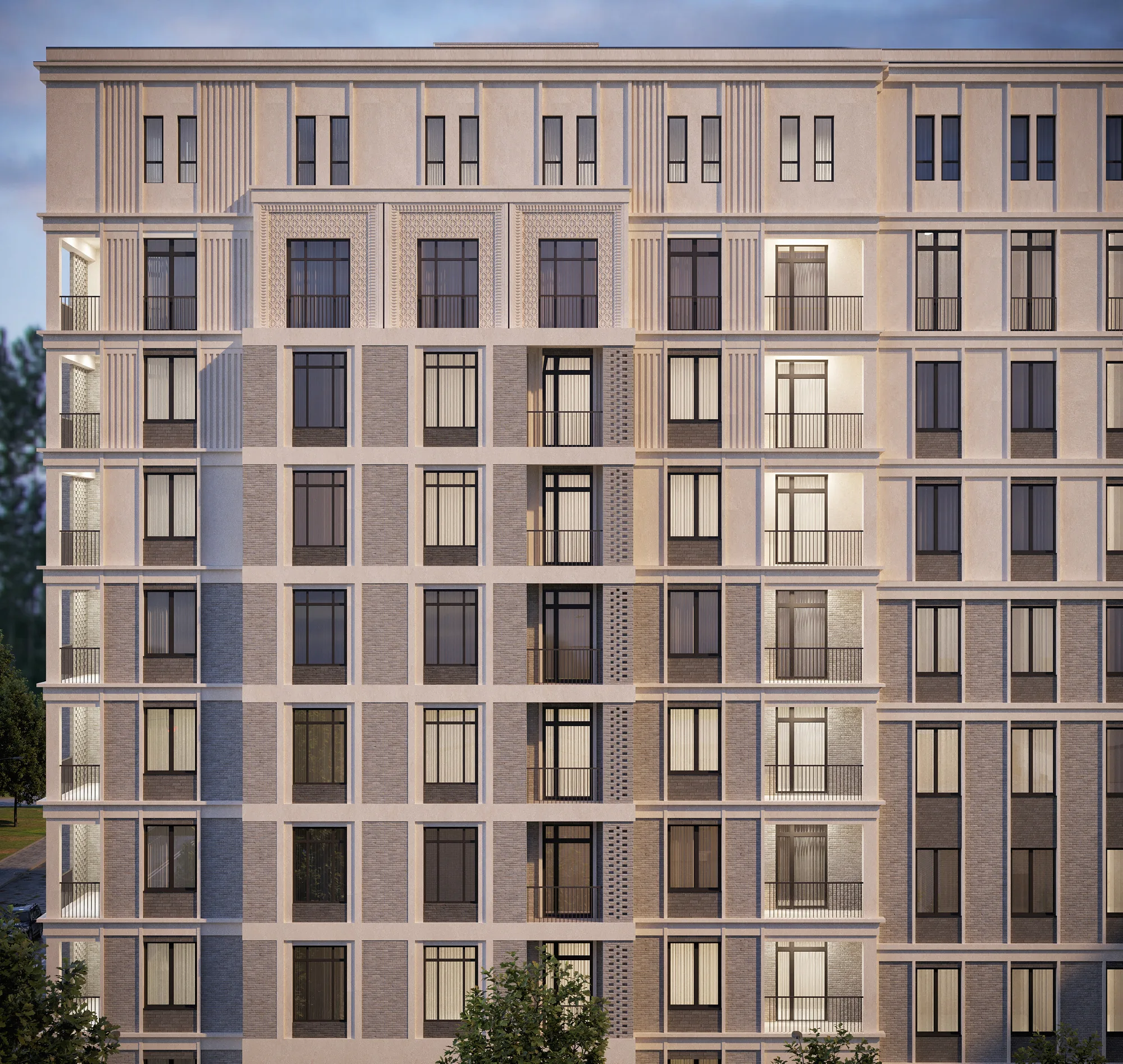 Facade of the Uchtepa complex in Tashkent head-on: the rhythm of windows, balconies and decorative inserts in warm tones — SAD studio
