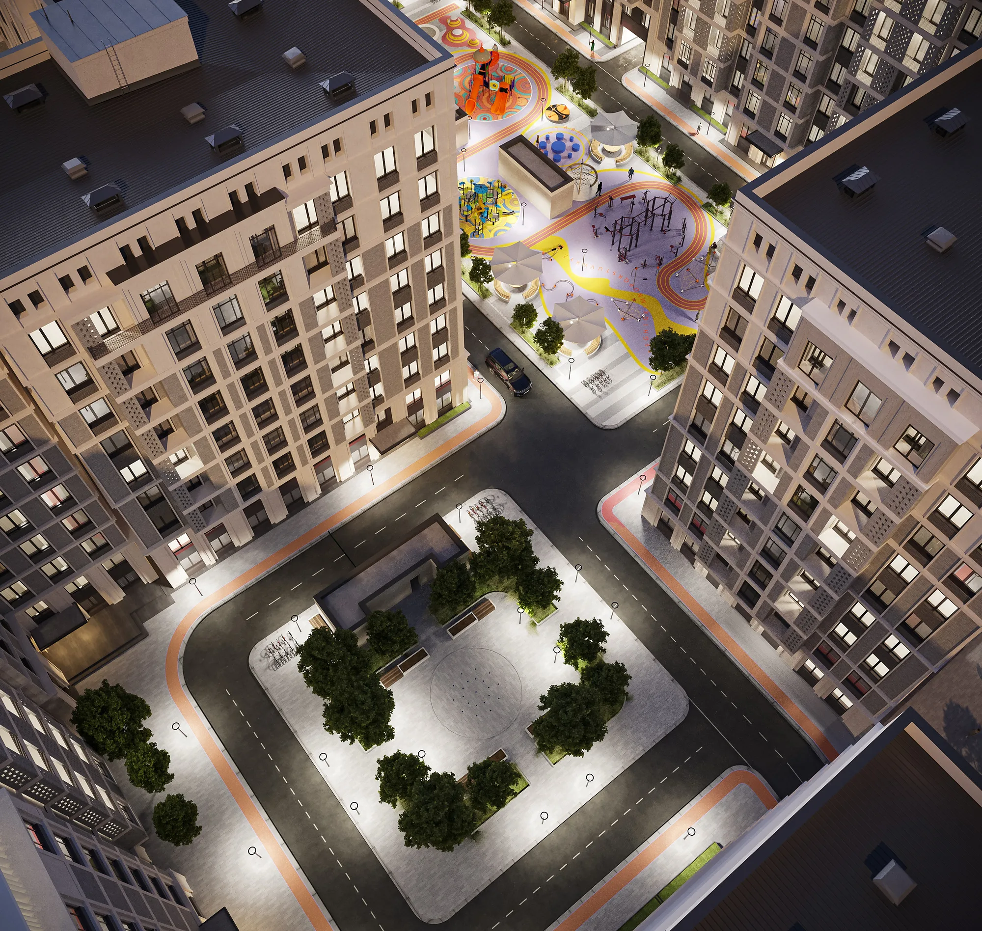 Courtyard of the Uchtepa complex in Tashkent in the evening: lit playgrounds and paths between the blocks — SAD studio